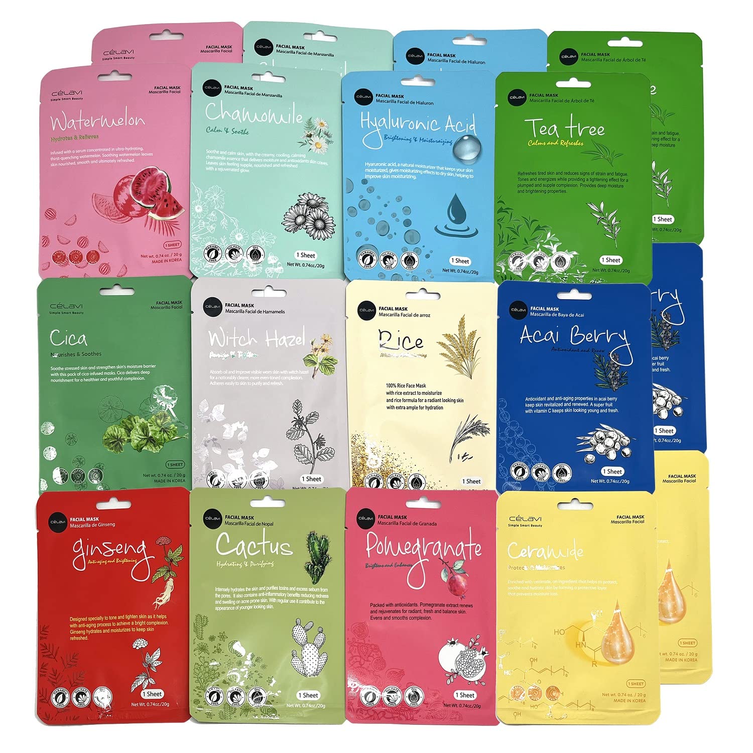 Celavi K-Beauty Skincare Essence Facial Face Mask Korea Skin Care Moisturizing C Set 24 Pack