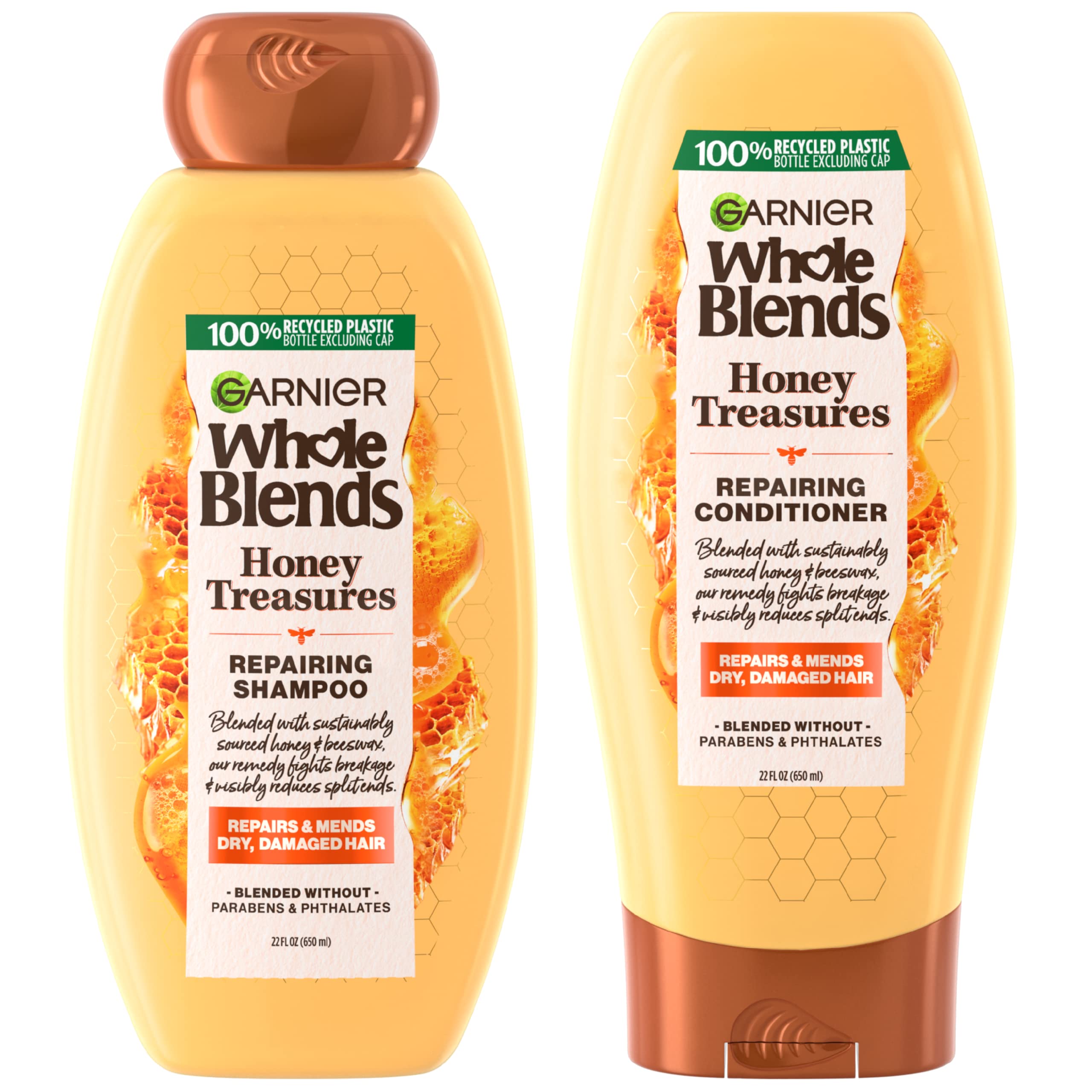 Garnier Whole Blends Honey Treasures Repairing Shampoo and Conditioner Set for Dry, Damaged Hair, 22 Fl Oz (2 Items), 1 Kit (Pac
