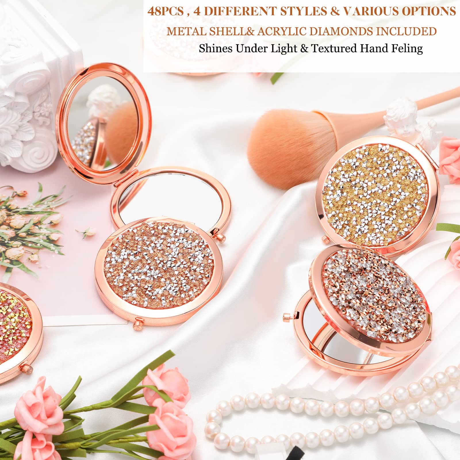 48 Pcs Small Compact Mirror Folding Pocket Makeup Mirror Round Hand Held Mirror Cosmetic Magnifying Compact Mirror Rhinestone Mi