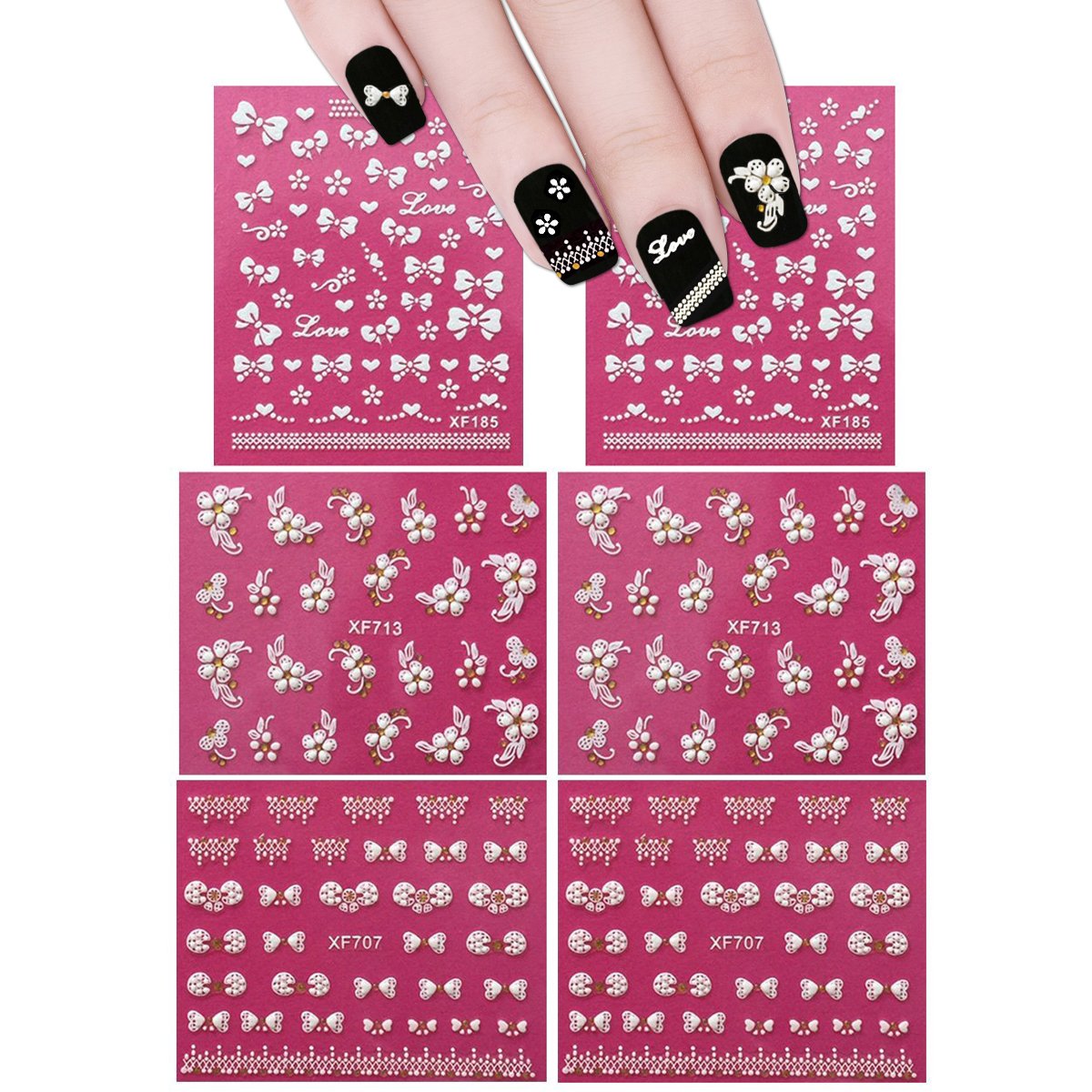 ALLYDREW Fingernail Stickers Nail Art Nail Stickers SelfAdhesive Nail Stickers 3D Nail Decals  Bows, Hearts & Flowers (3 Desig