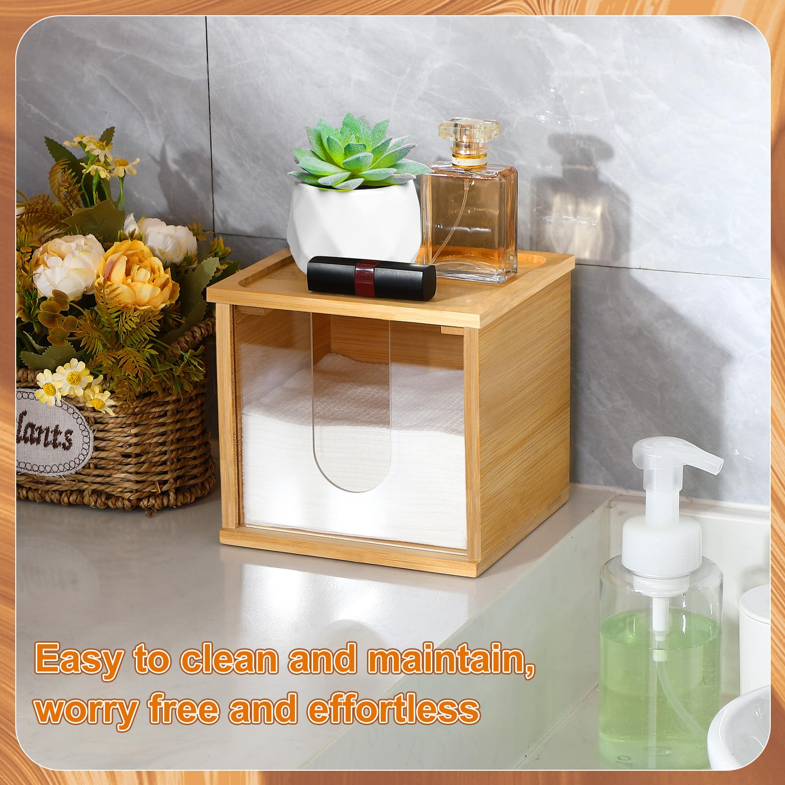 Chunful Disposable Face Towel Holder Box with Bamboo Lid, Acrylic Cosmetic Facial Towel Storage Container for Disposable Makeup