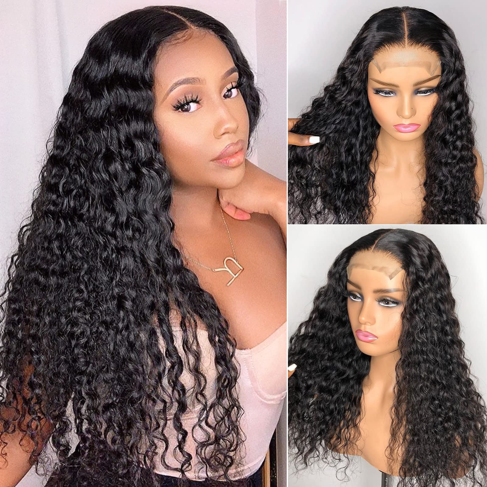 AISI Deep Wave Lace Front Wigs Human Hair HD Transparent 4x4 Lace Closure Wigs for Black Women 180% Density Curly Wet and Wavy W