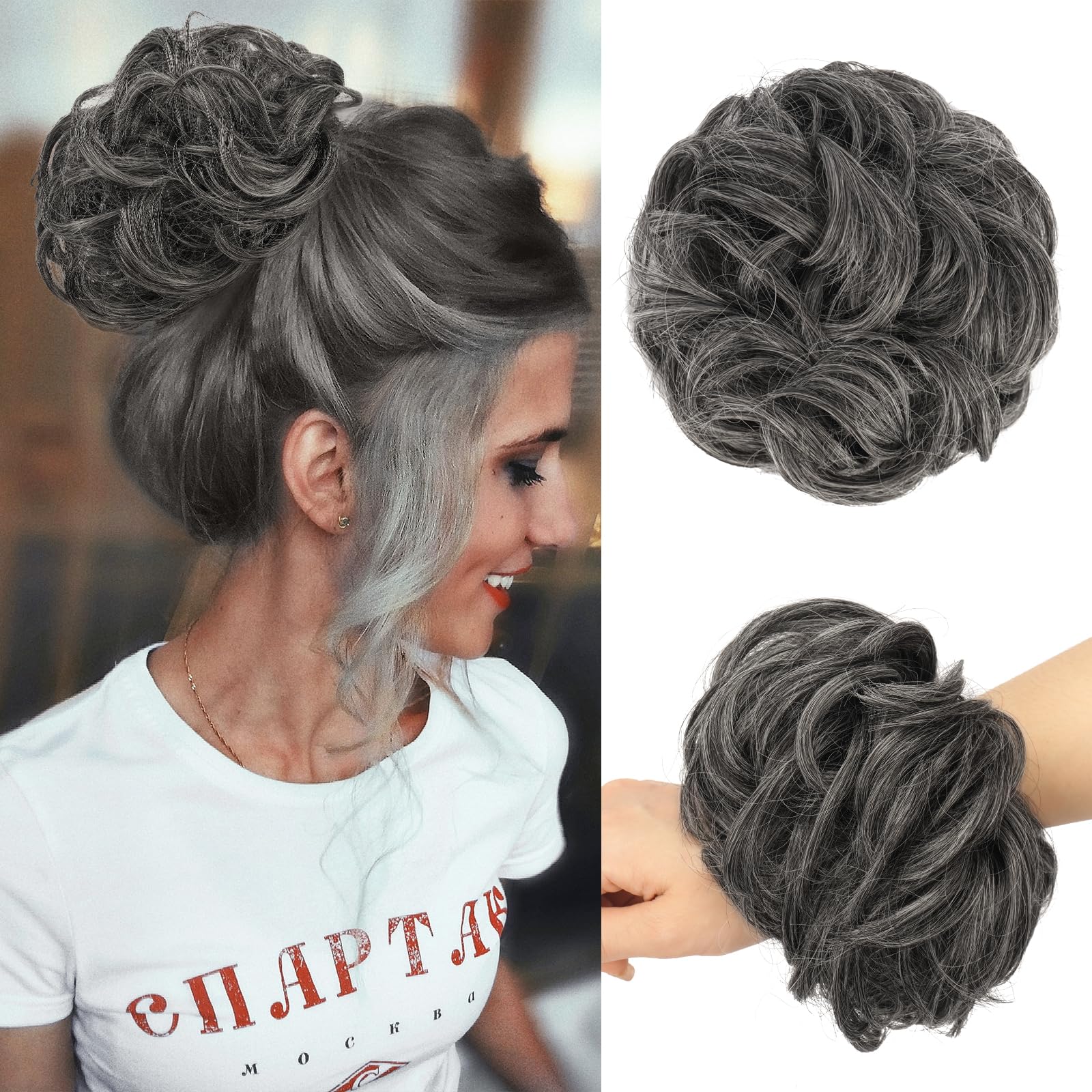 FESHFEN Messy Hair Bun Hair Pieces Wavy Curly Large Hair Bun Scrunchies Extensions Synthetic Chignon Hairpieces for Women Girls,