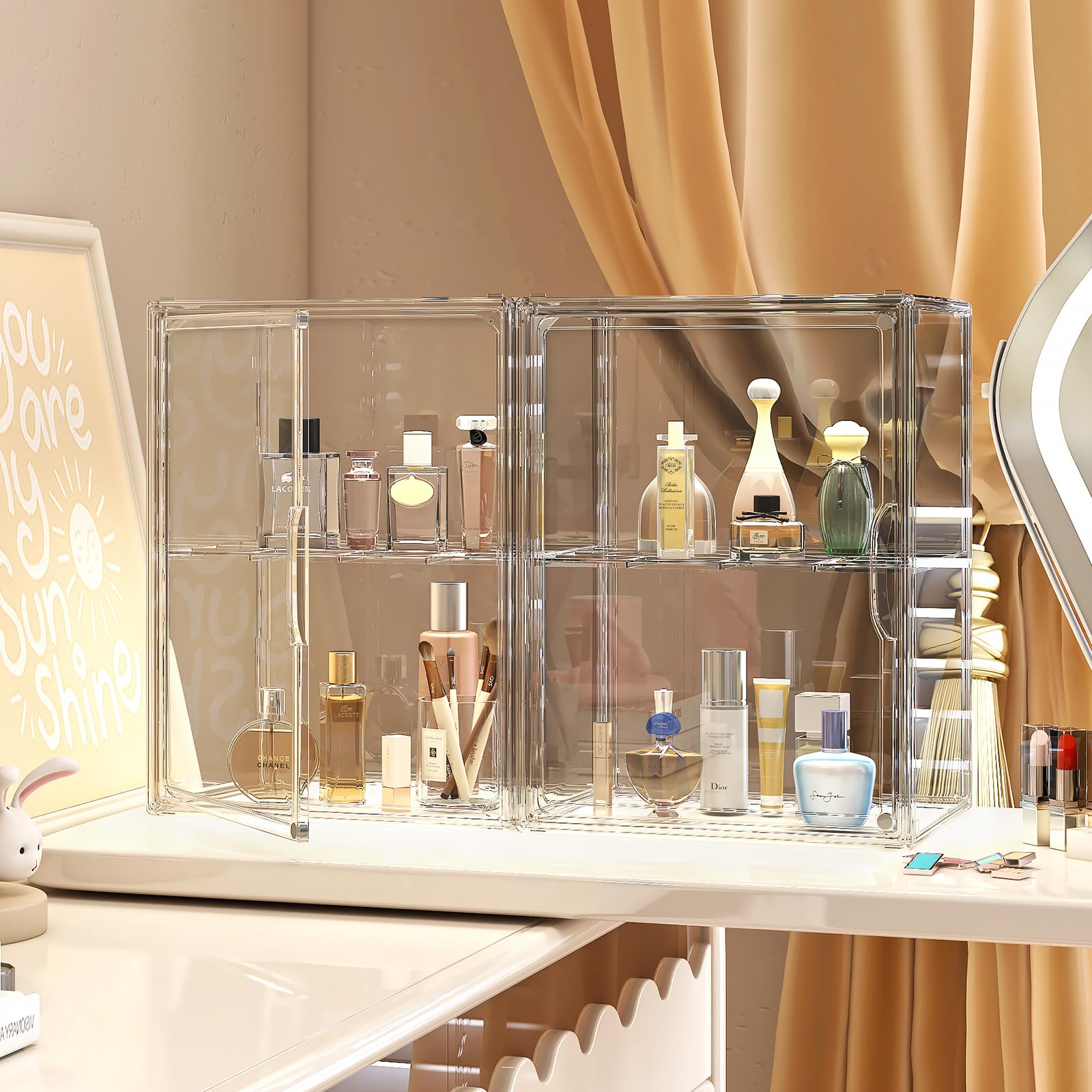 MSHOMELY Makeup Storage Organizer 3 Packs Arcylic Cosmetic Display Case, Perfume Organizer with Division Board, Bathroom Counter