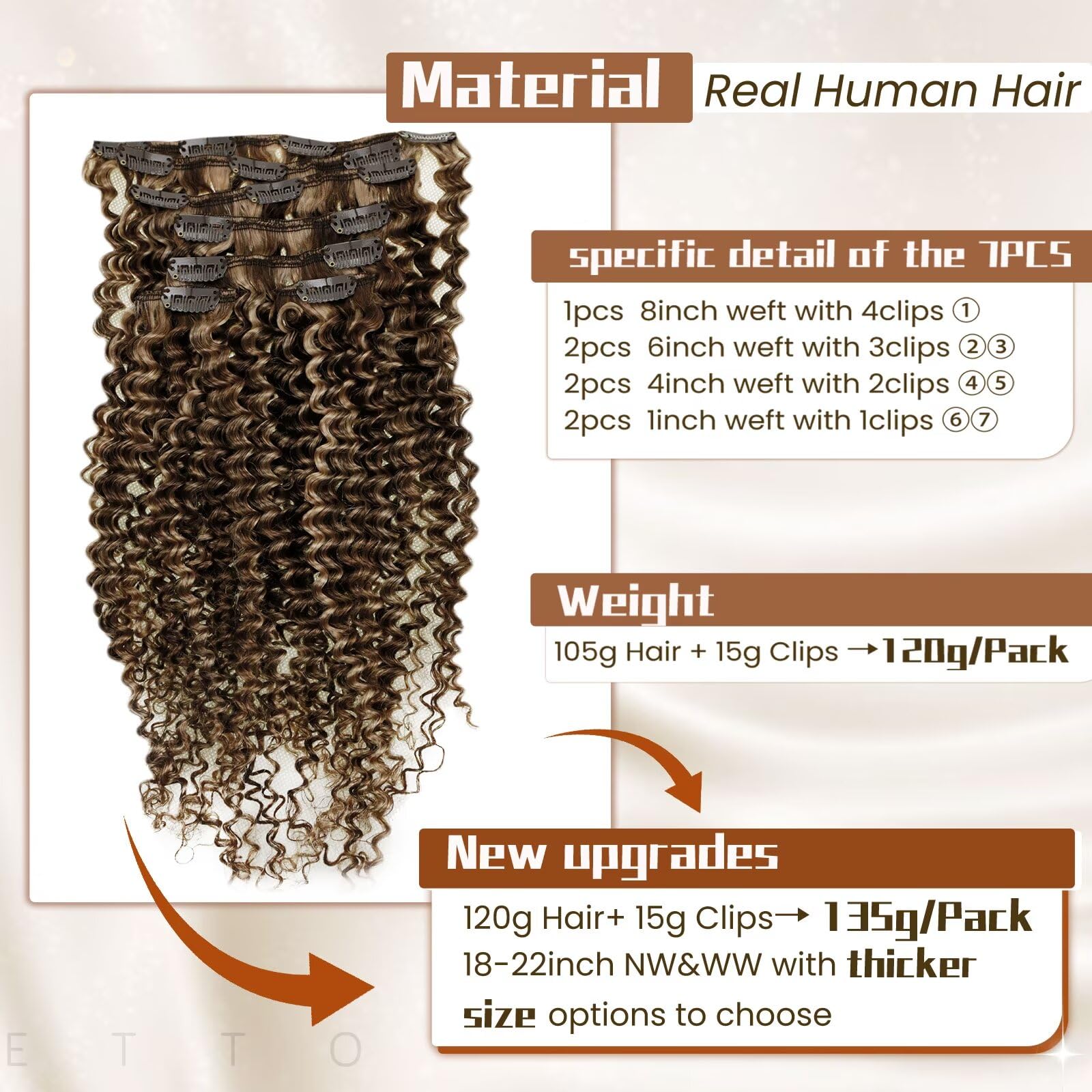 Hetto Kinky Curly Clip In Hair Extensions Human Hair #P4/27 Brown Highlight Blonde Curly Hair Extensions Clip In Human Hair Jerr