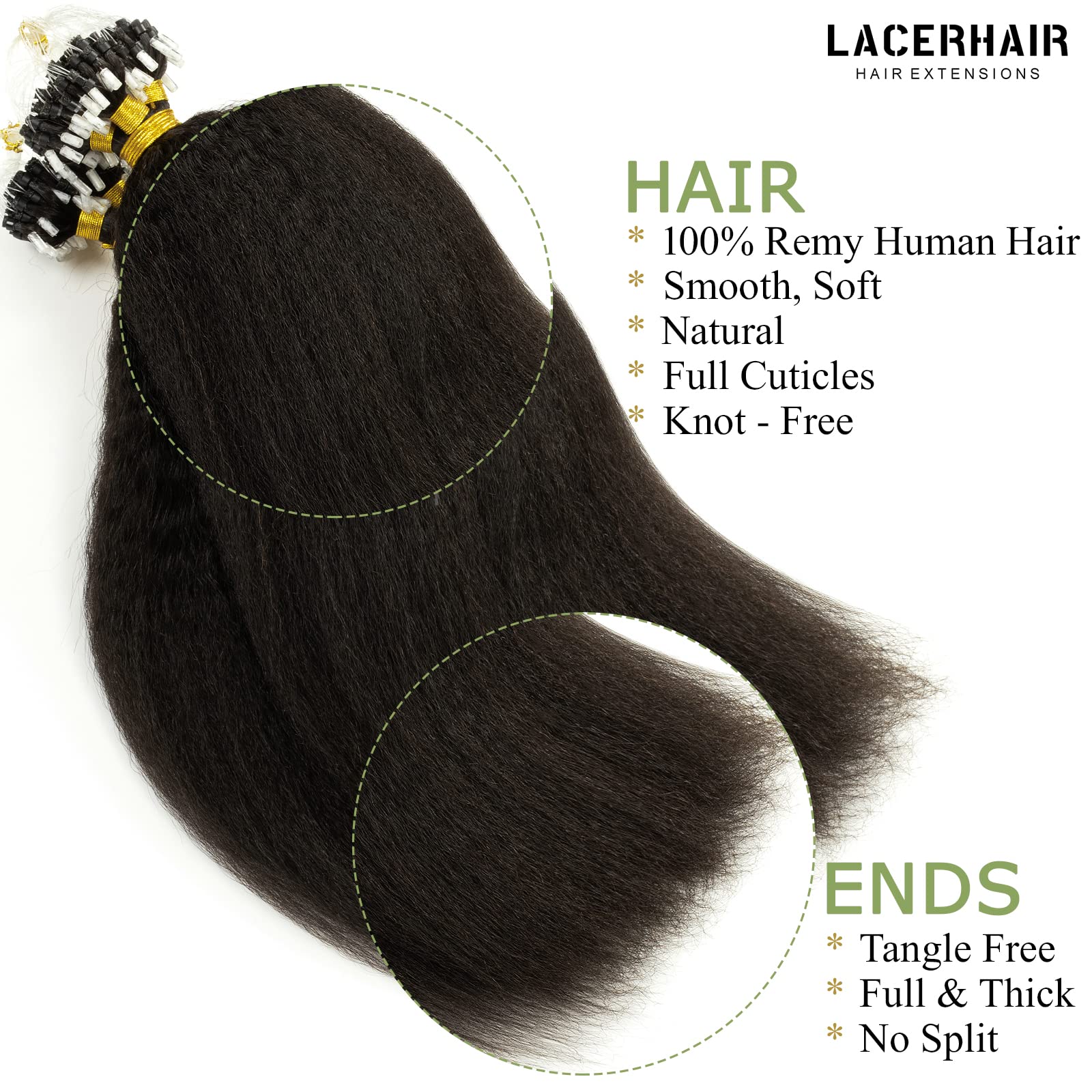 Lacer 16 Inch Micro Links Human Hair For Black Women Kinky Micro Loop Hair Extensions Black Real Remy Hair Extensions Natural Bl