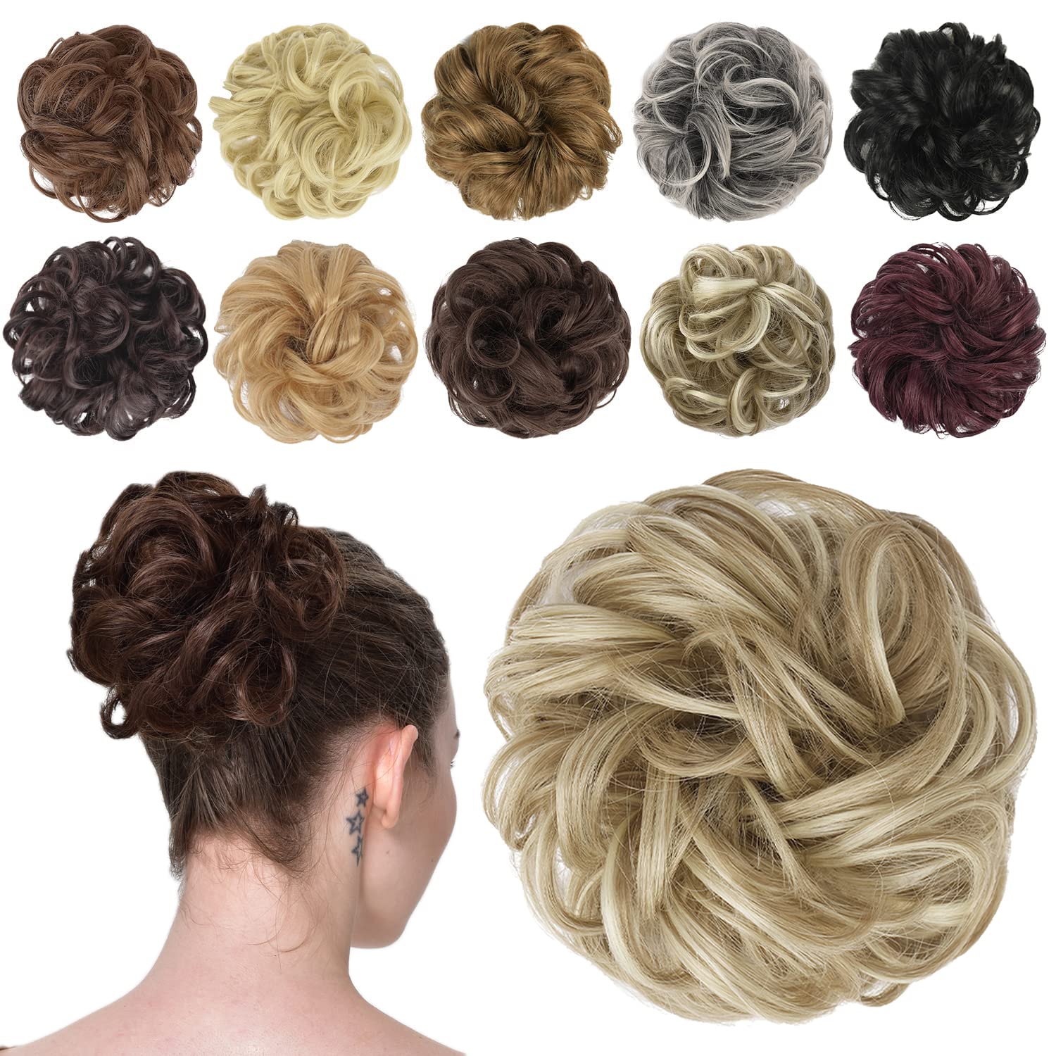 FESHFEN Hair Buns Hair Piece Hair Scrunchies for Women Thick Hair Extension Bun Messy Wavy Ponytail Hairpieces Updo Chignon 1PCS