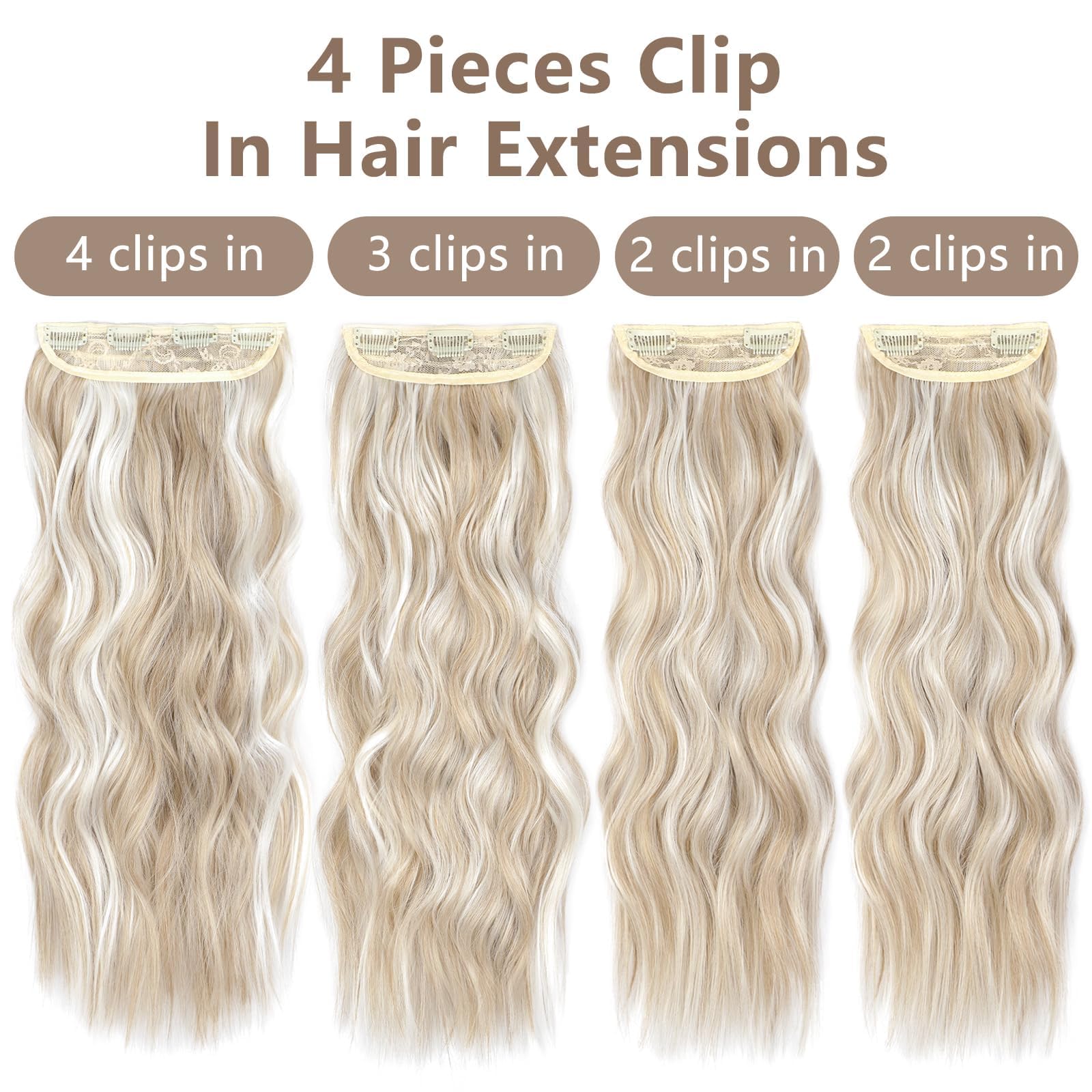 Alxnan Clip In Long Wavy Synthetic Hair Extension 20 Inch Ash Blonde Mix Highlights 4Pcs Thick Hairpieces Fiber Double Weft Hair