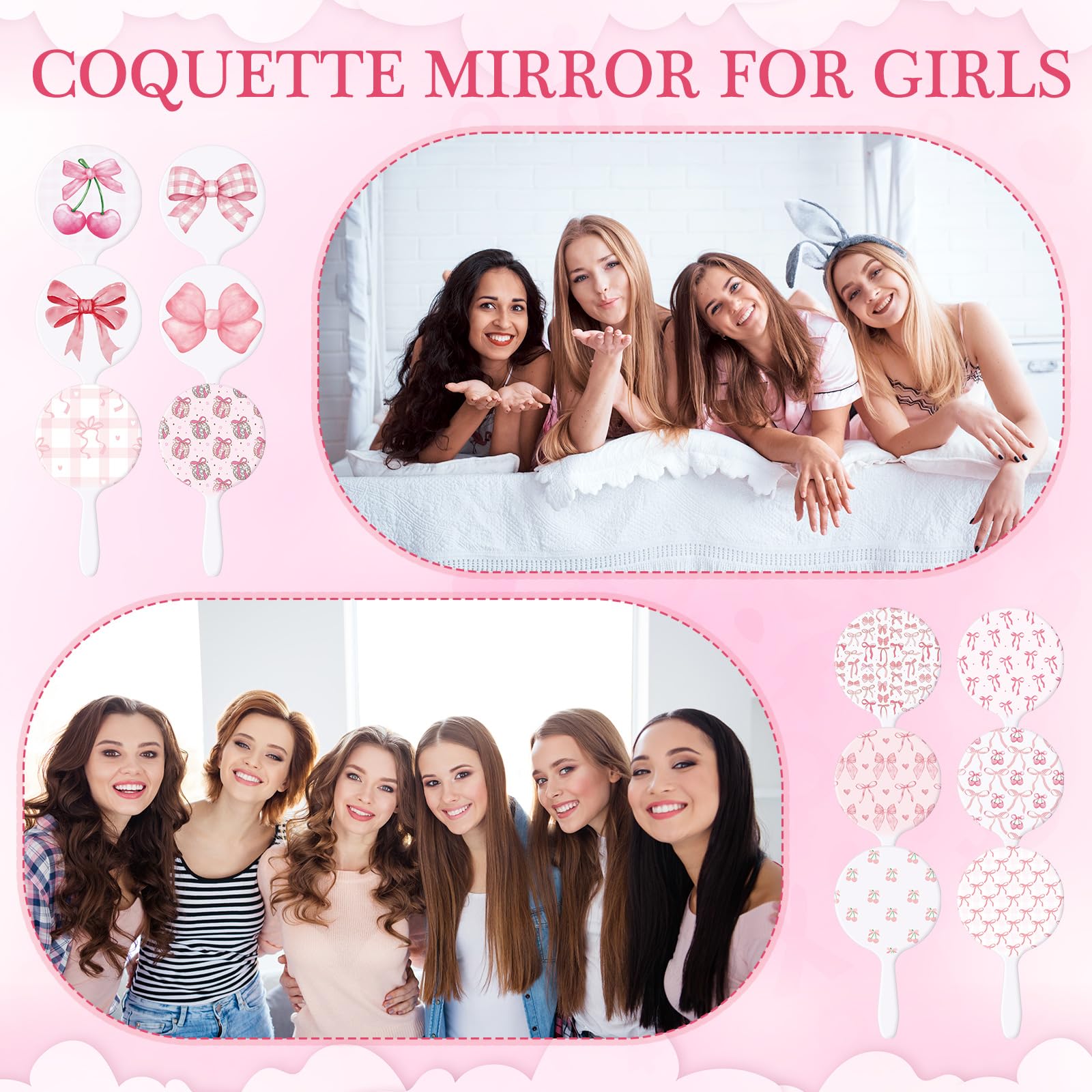 Chunful 48 Pcs Pink Bow Handheld Mirror Bulk Travel Makeup Small Round Mirror Gifts for Women Birthday Wedding Party Favors