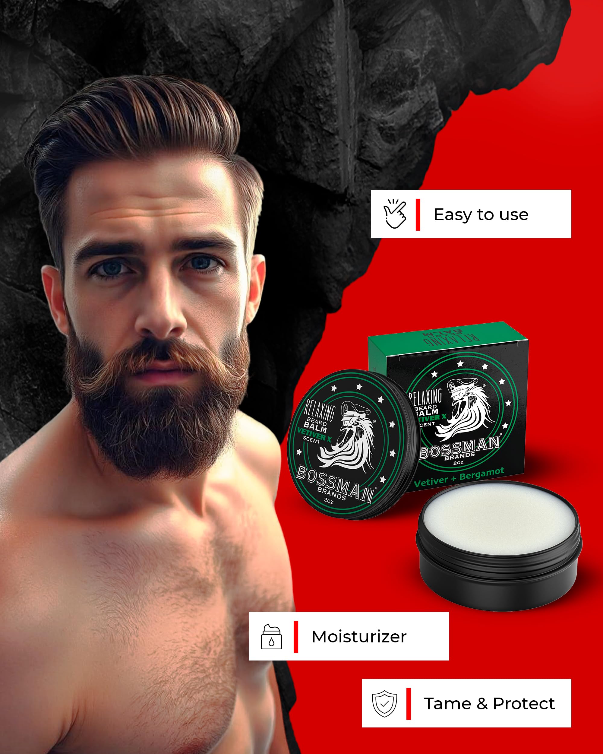 Bossman Relaxing Beard Balm - Tamer, Thickener, Relaxer And Softener Cream And Beard Care Product - Made In Usa (Vetiver X Scent