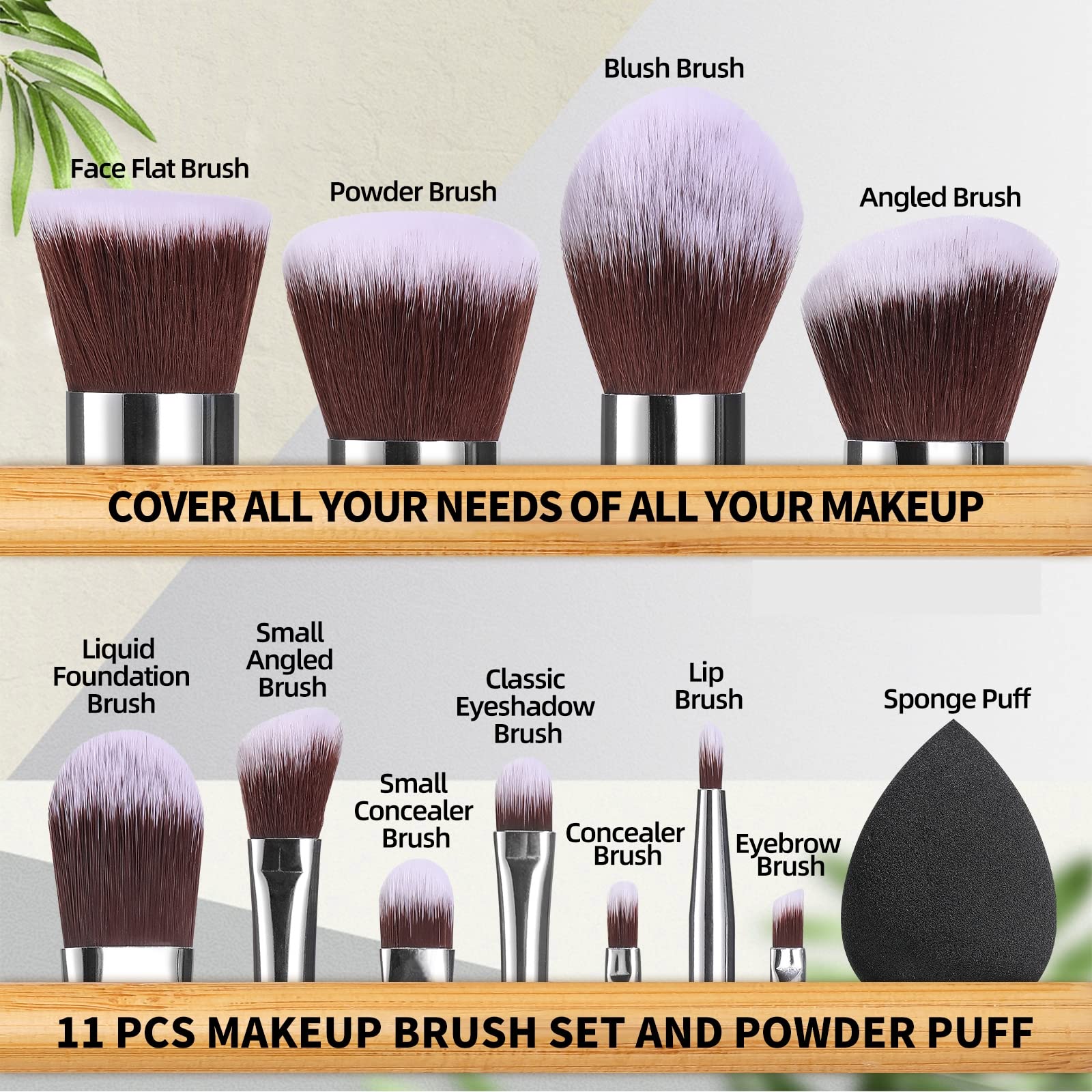 BS-MALL 11Pcs Bamboo Makeup Brush Set - Synthetic Kabuki Brushes for Foundation, Powder, Blending, and Eye Shadows with Organizer Bag