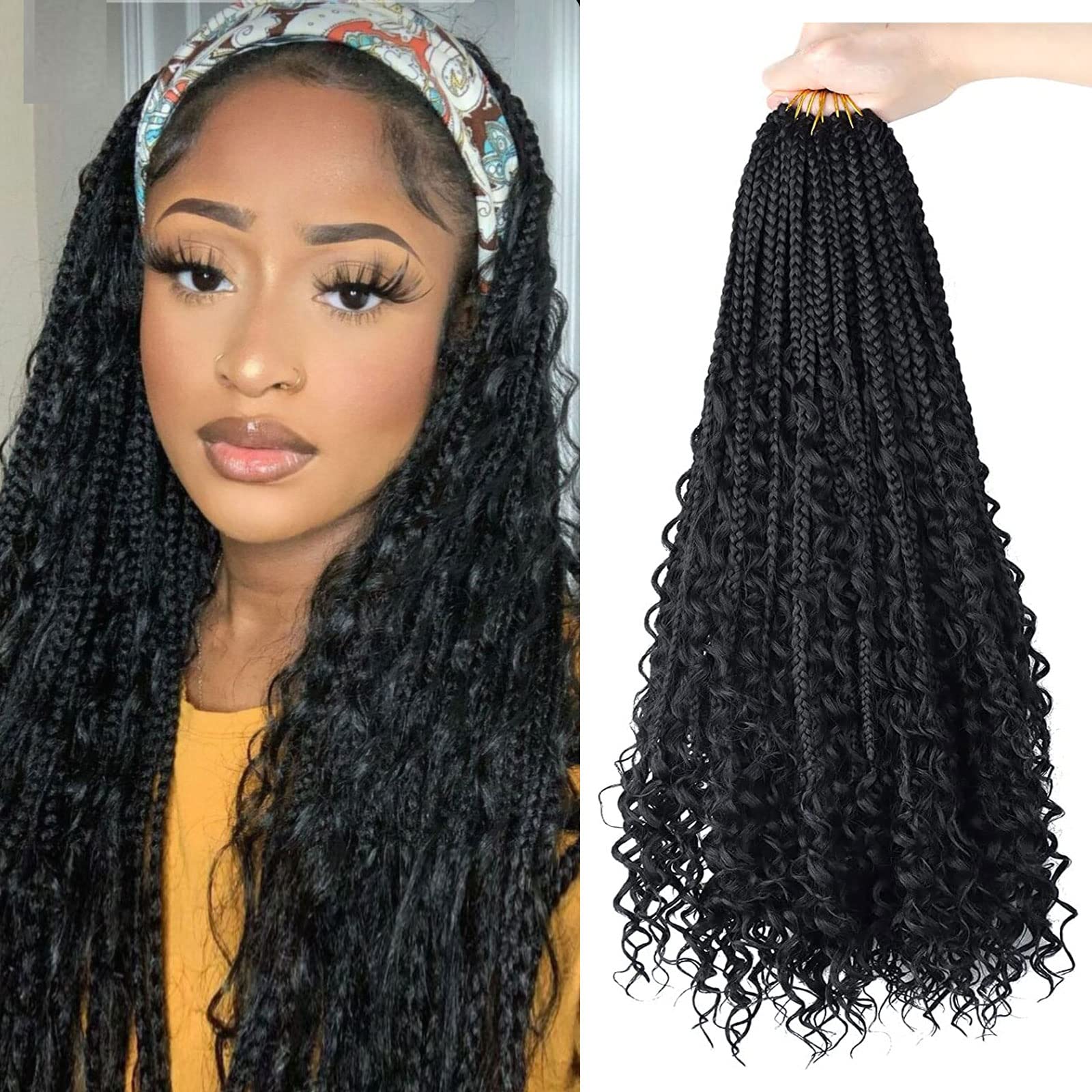 LMZIM 18 Inch 8 Packs Boho Box Braids Crochet Hair Bohemian Crochet Box Braids with Curly Ends Messy Pre-looped Hippie Braids Br
