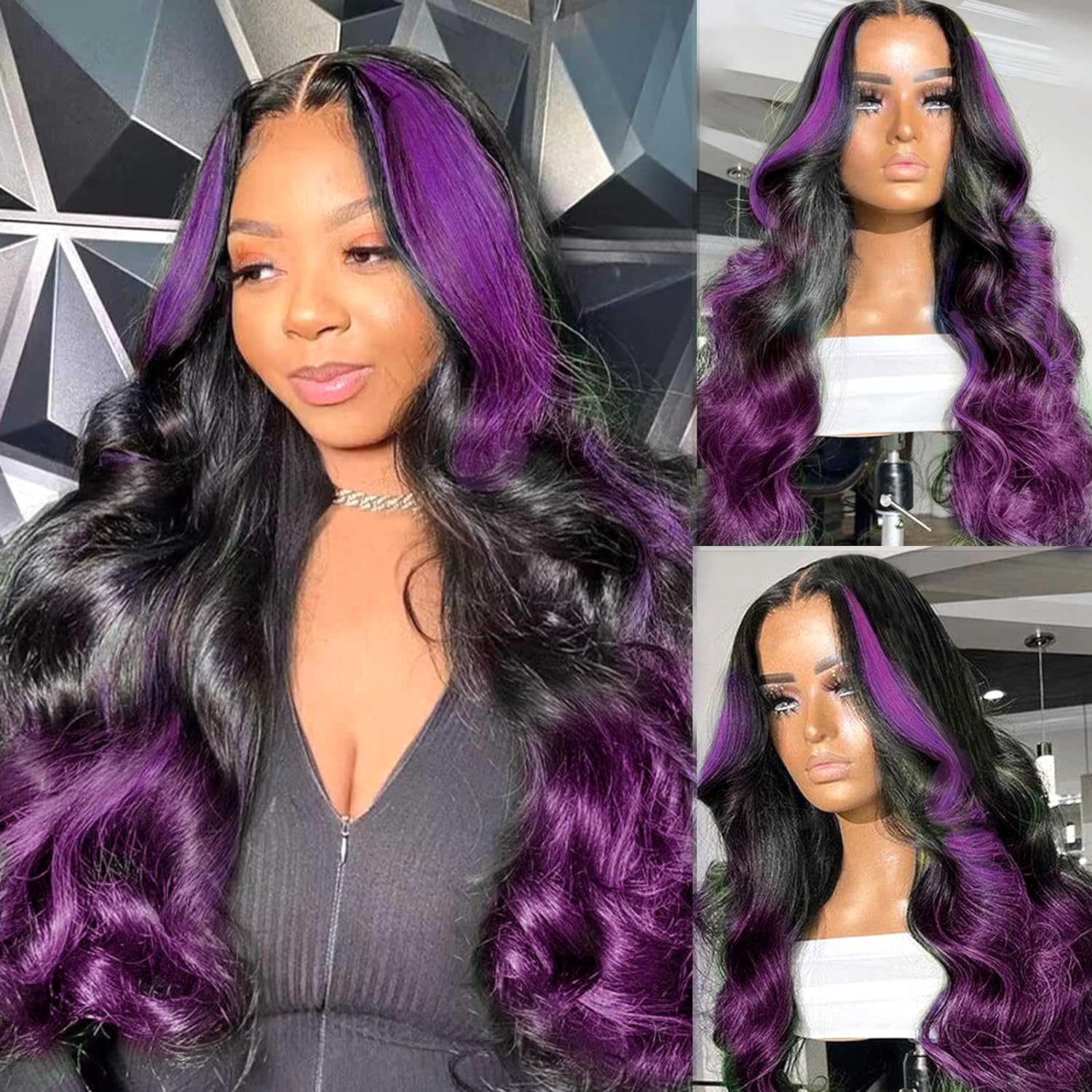 Goldfinch Skunk Stripe Wigs Human Hair Lace Front Purple Highlights Wig 13X4 Hd Dark Burgundy Highlight Body Wave 150% Density P