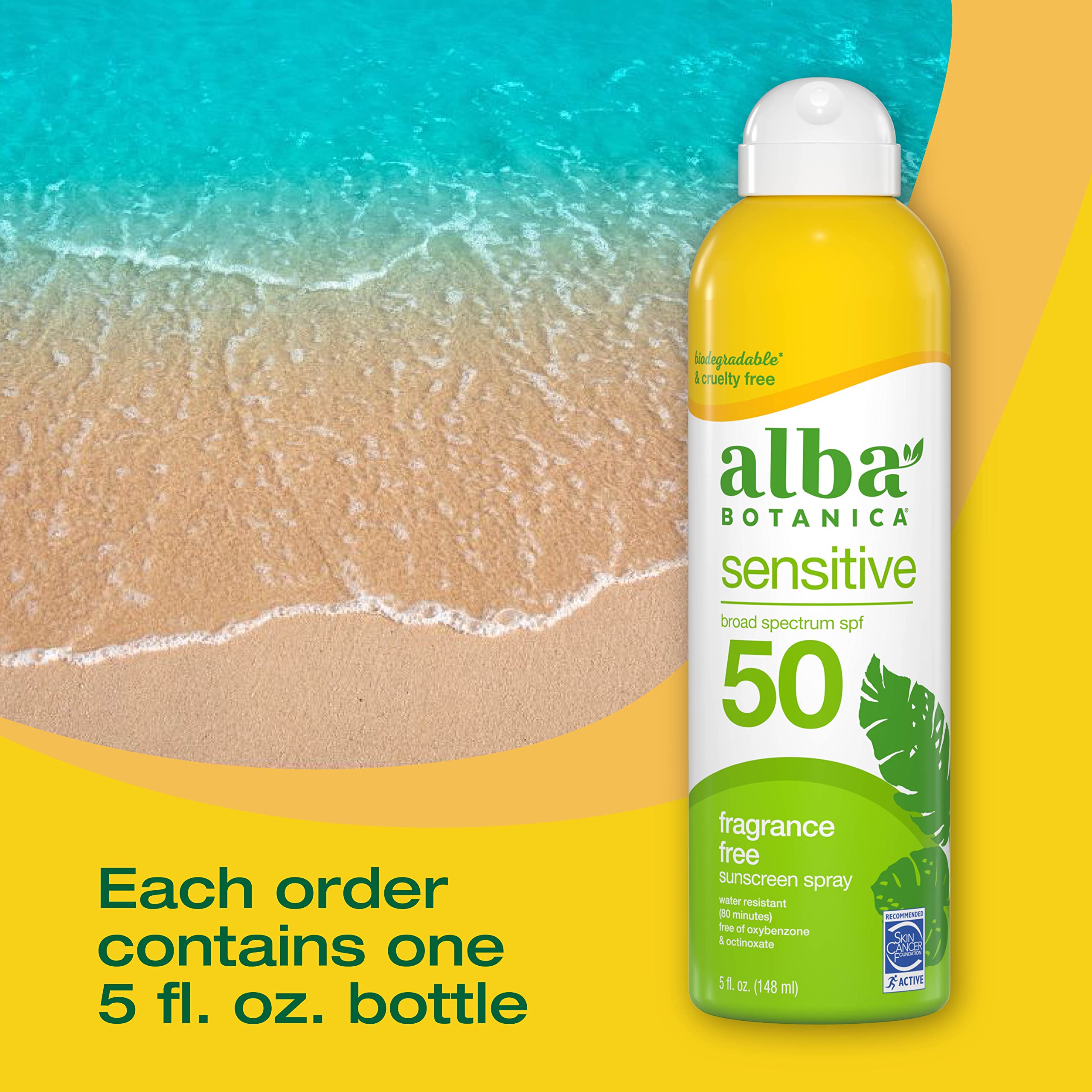 Alba Botanica Sensitive Sunscreen Spray, Spf 50, Fragrance Free, 6 Oz (Packaging May Vary)