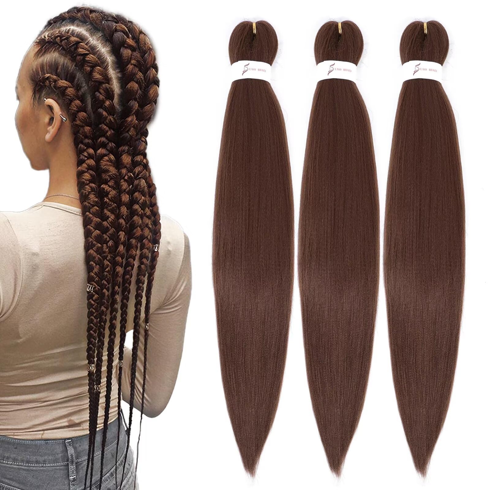 Color 30 Brown Braiding Hair Pre Stretched Braid Hair 3 Packs 26 inch Professional Human Colored Synthetic Hair Extensions for B
