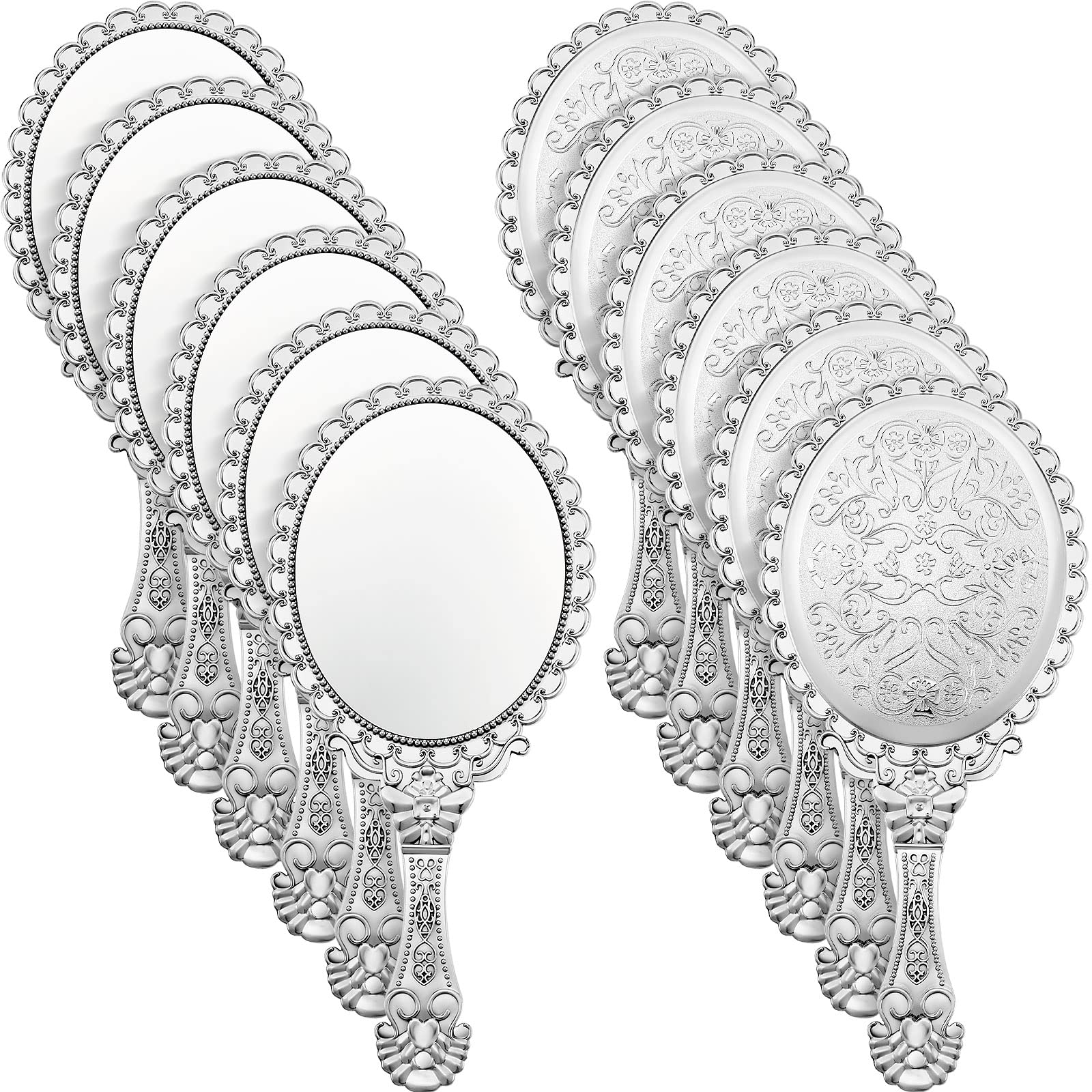 Qunclay 12 Pcs Vintage Handheld Mirror, 9.8'' L X 4.5'' W Small Sliver Embossed Mirror Portable Cute Princess Mirrors Compact Tr