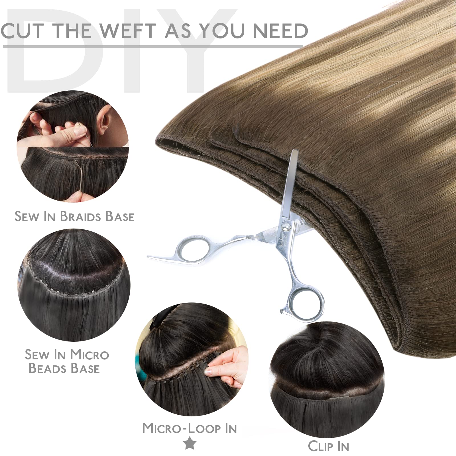 Wennalife Sew In Hair Extensions Real Human Hair, Weft Hair Extensions Human Hair 16 Inch 80G Balayage Chocolate Brown To Carame