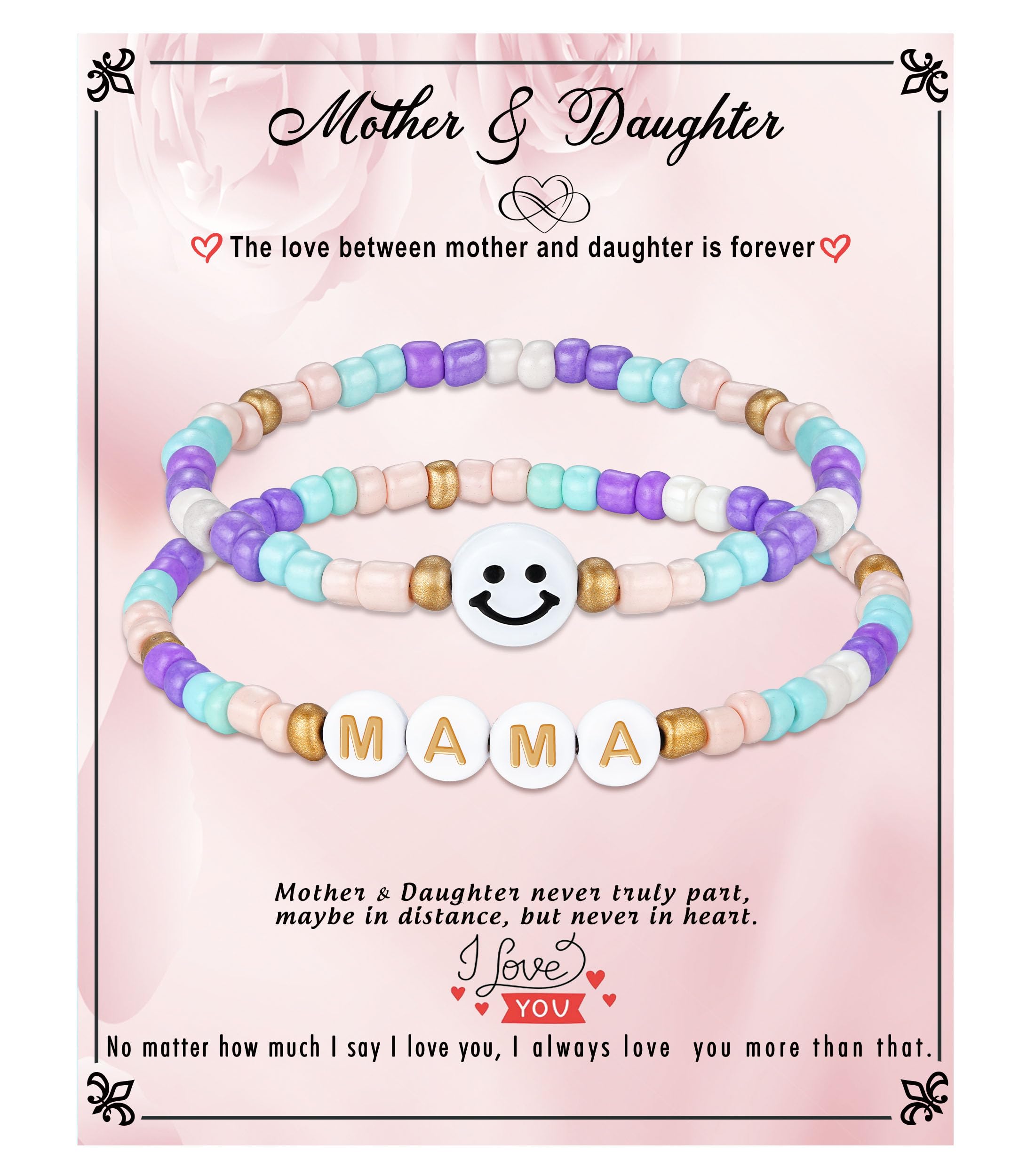 Back to School Gifts, Mother Daughter Bracelets First Day of School Gifts Handmade Stretch Smile Small Bead Bracelets Christmas 