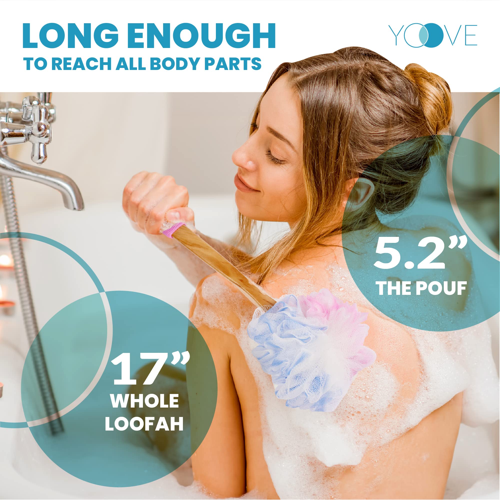 Yoove Loofah Back Scrubber - Bamboo Charcoal Fiber Infused Bath Sponge - Lufa Body Scrubber For Men & Women - Includes Wooden Ha