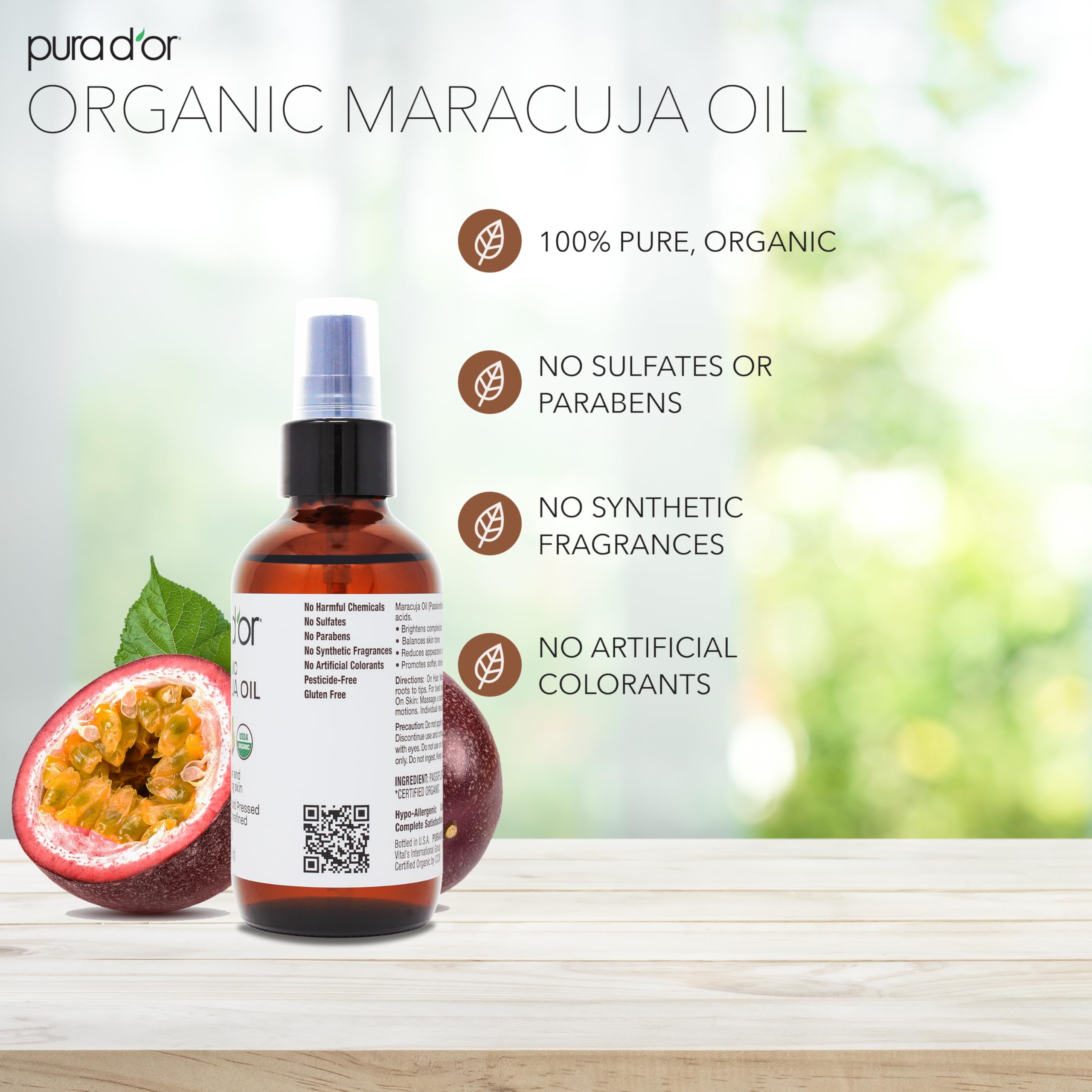 Pura D'Or 4 Oz Organic Maracuja Oil - Passion Fruit Seed Oil - 100% Pure Usda Certified Premium Grade Cold Pressed Body Oil For