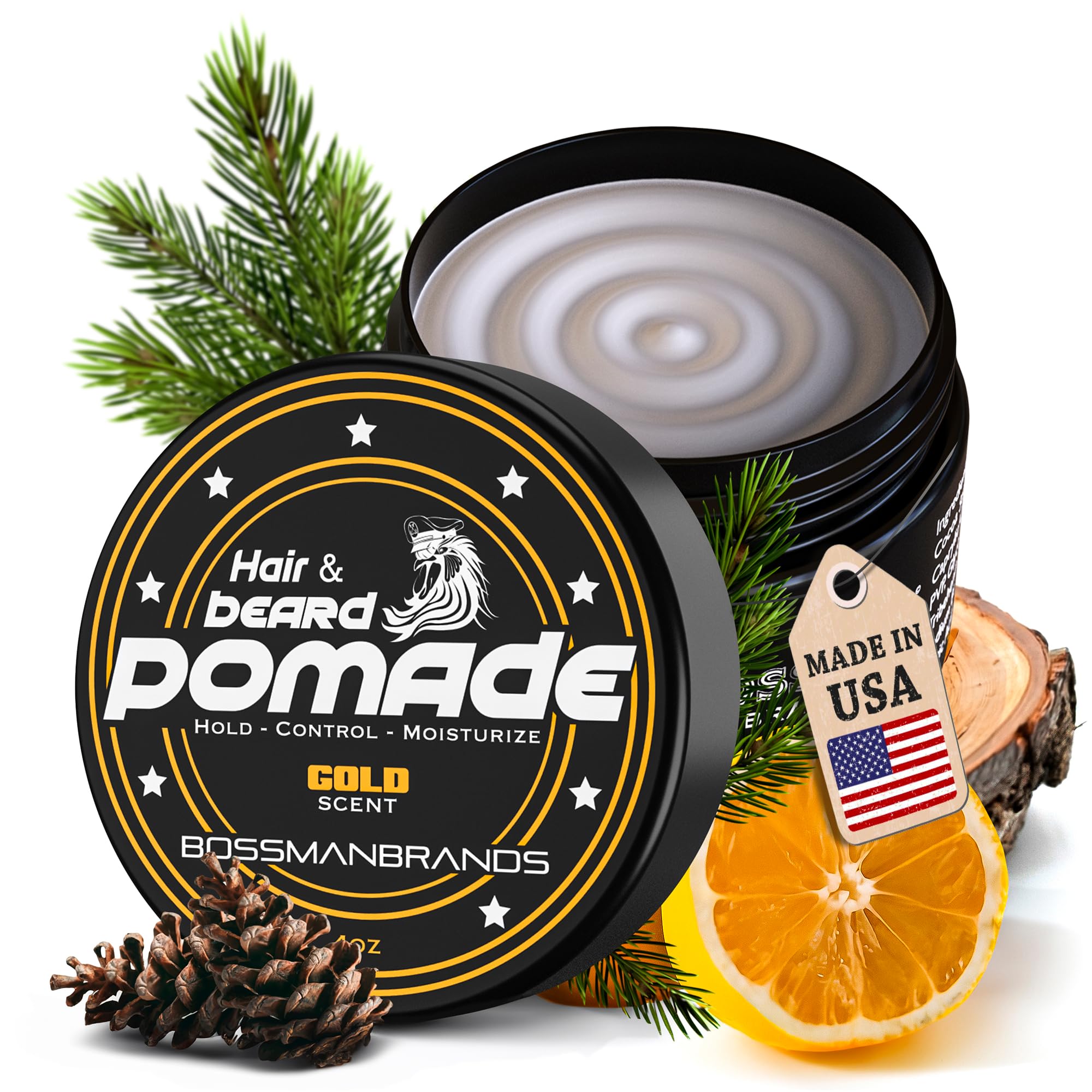 Bossman Hair & Beard Pomade for Men (Gold Scent) - Medium Hold & Moisturizing for Hair, Beard & Mustache Styling - Made in USA