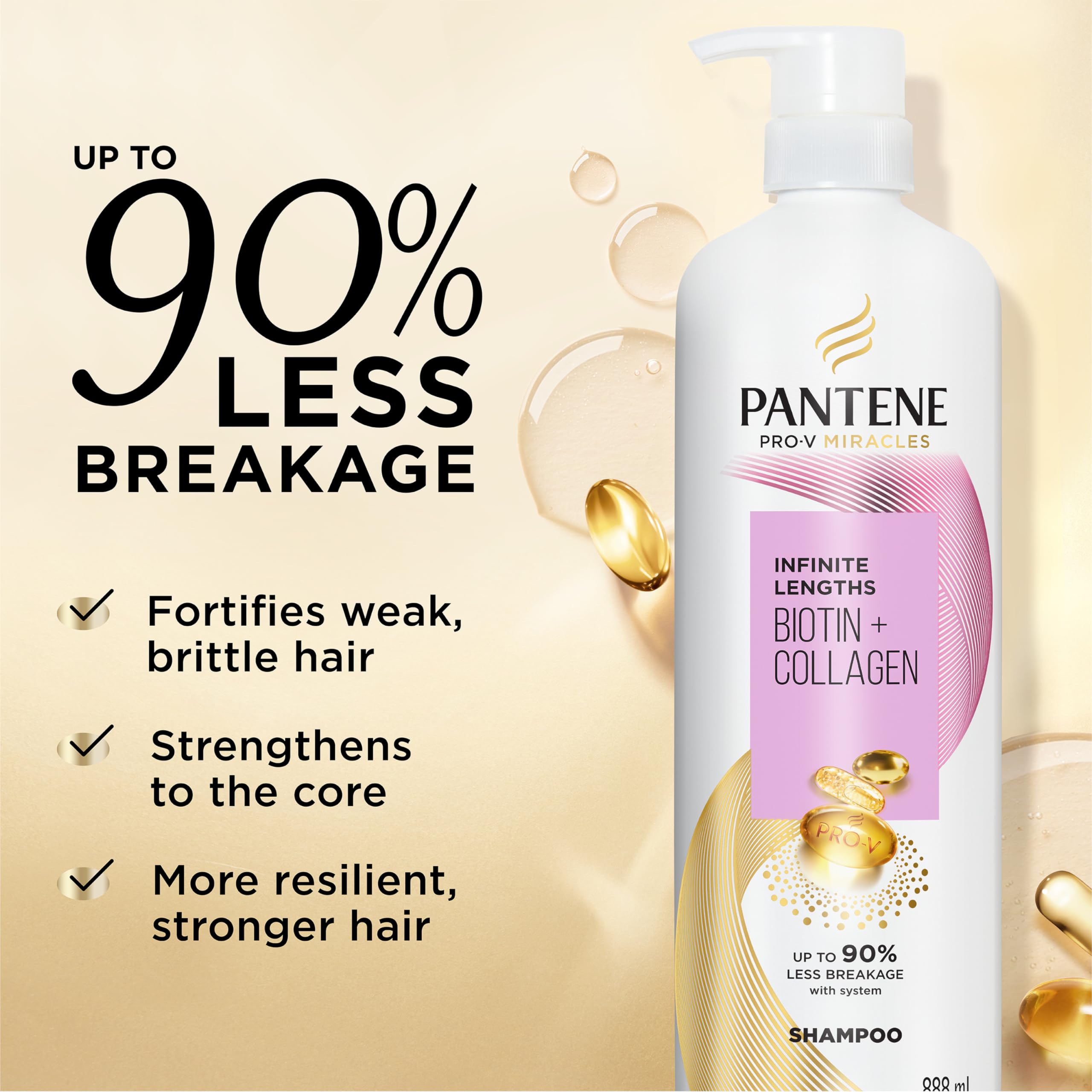 Pantene Infinite Lengths Shampoo, Sulfate Free with Biotin + Collagen, Strengthens Brittle Hair, Up to 90% Less Breakage, Safe f