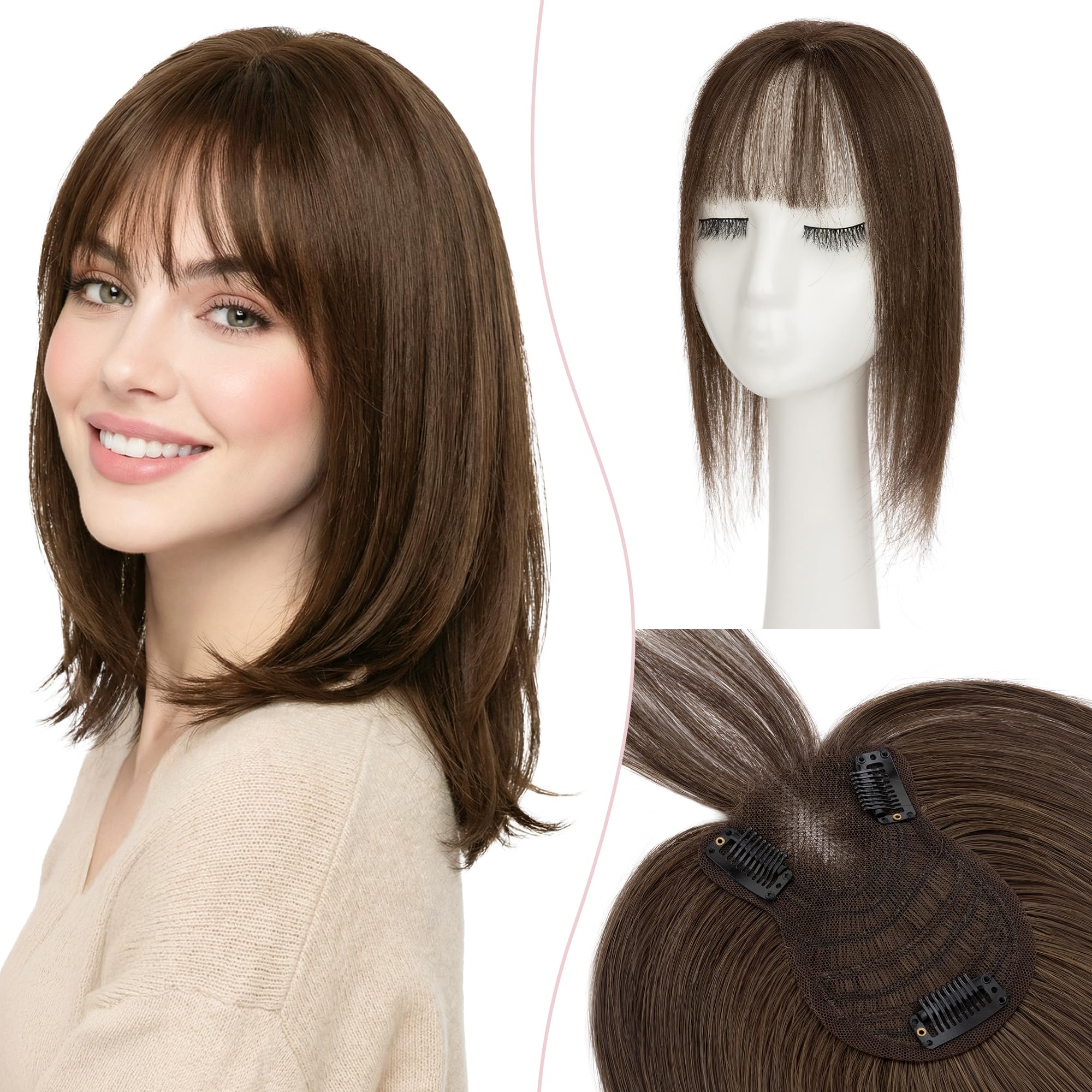 SEGO Hair Toppers for Women Human Hair Wispy Bangs, Hand-tied Lace Front Invisible Edges Breathable Fluffy Clip in Top Hairpiece