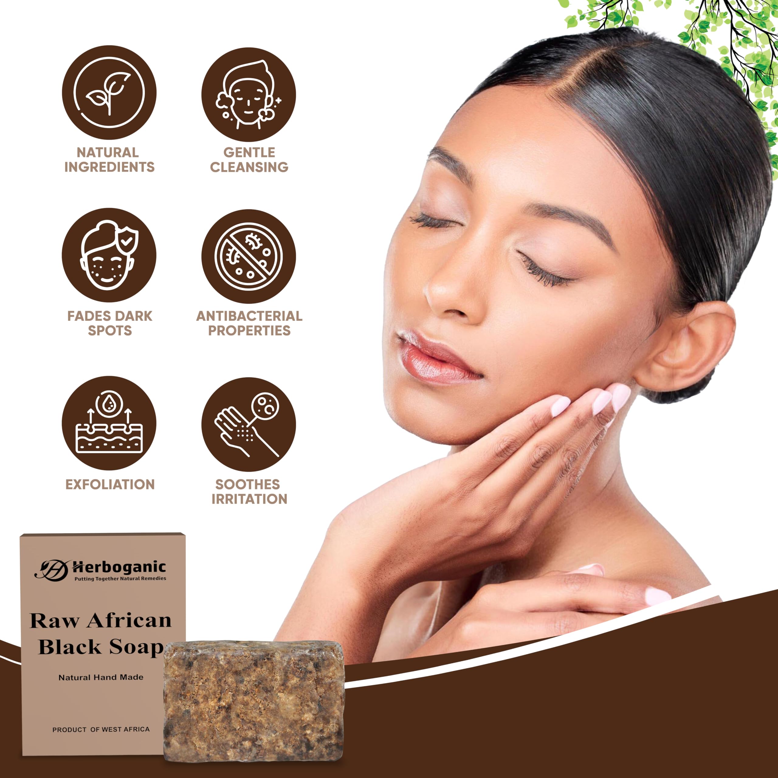 HERBOGANIC Raw African Black Soap Bar - 6 oz - 100% Pure and Organic | Natural Black African Soap bar for acne, Eczema, blackhea