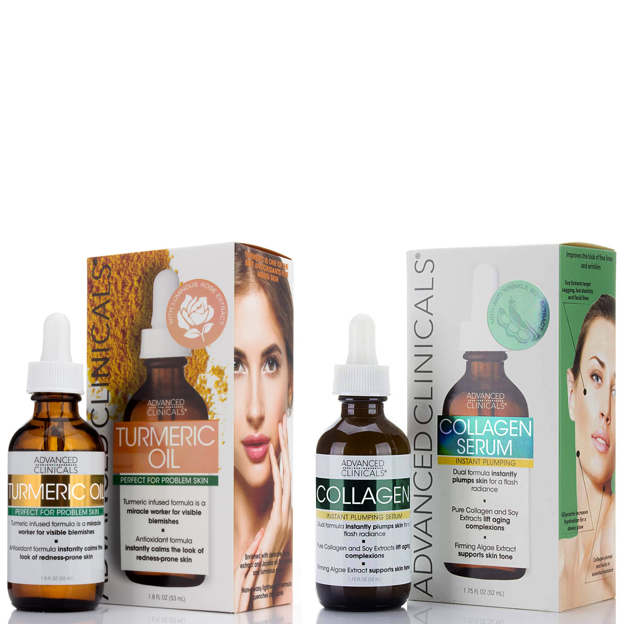 Advanced Clinicals Collagen Facial Serum + Turmeric Oil Face Serum Skin Care Set, Skin Plumping Anti Aging Serums For Face Help