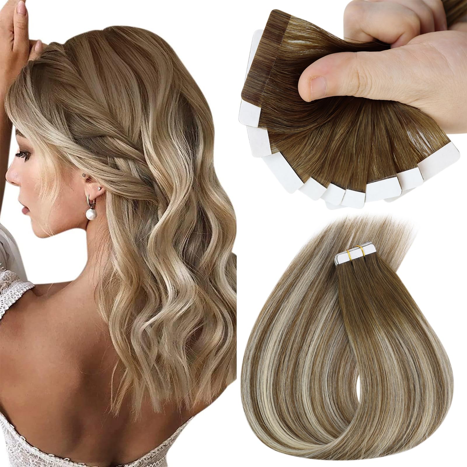 Sunny Hair Tape in Hair Extensions Real Human Hair Invisible Remy Hair Extensions Tape ins for Women Medium Brown Ombre PLatinum