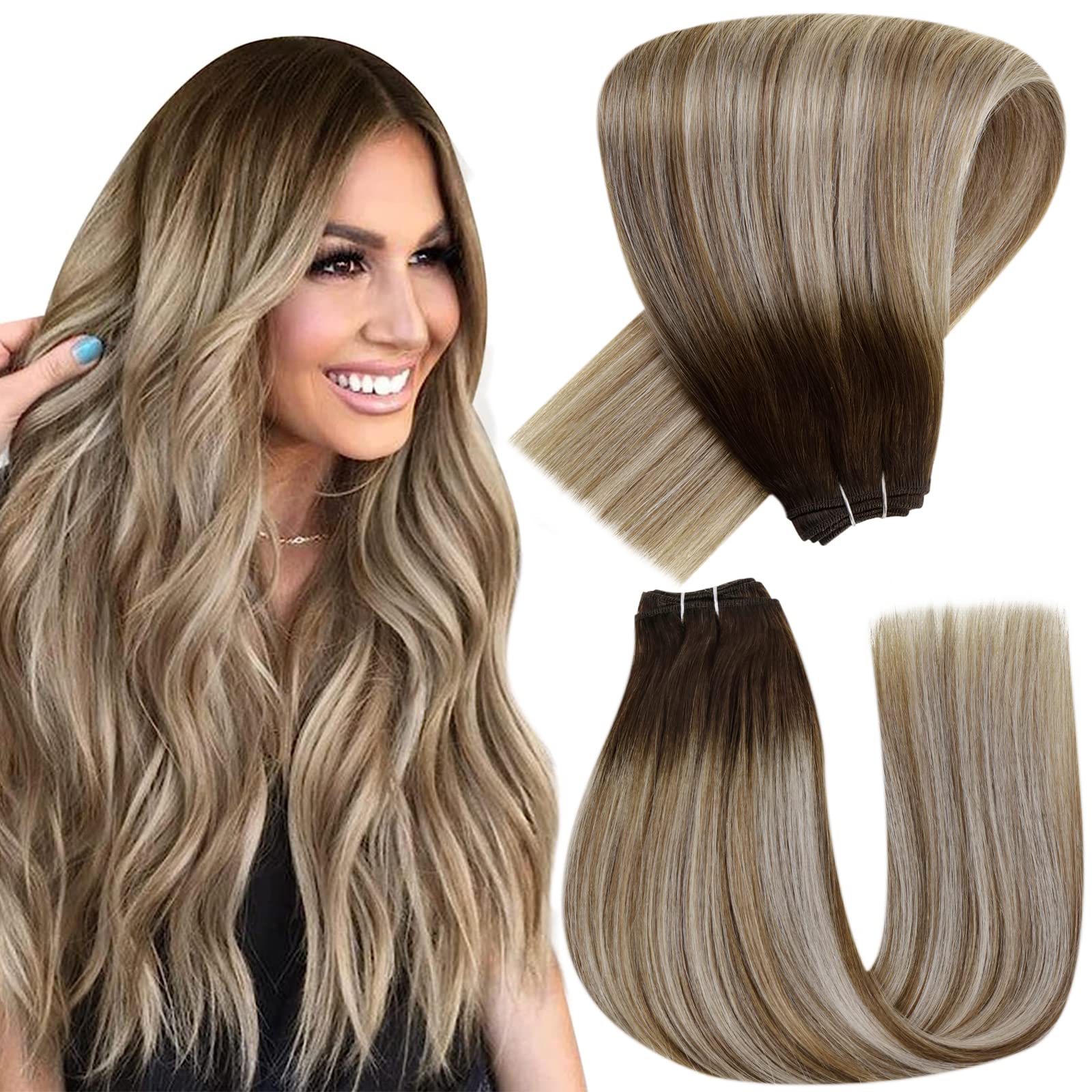 Hetto Balayage Weft Hair Extensions Human Hair #3/8/22 Brown to Medium Brown Mixed Light Blonde Weft Human Hair Extensions 20 In