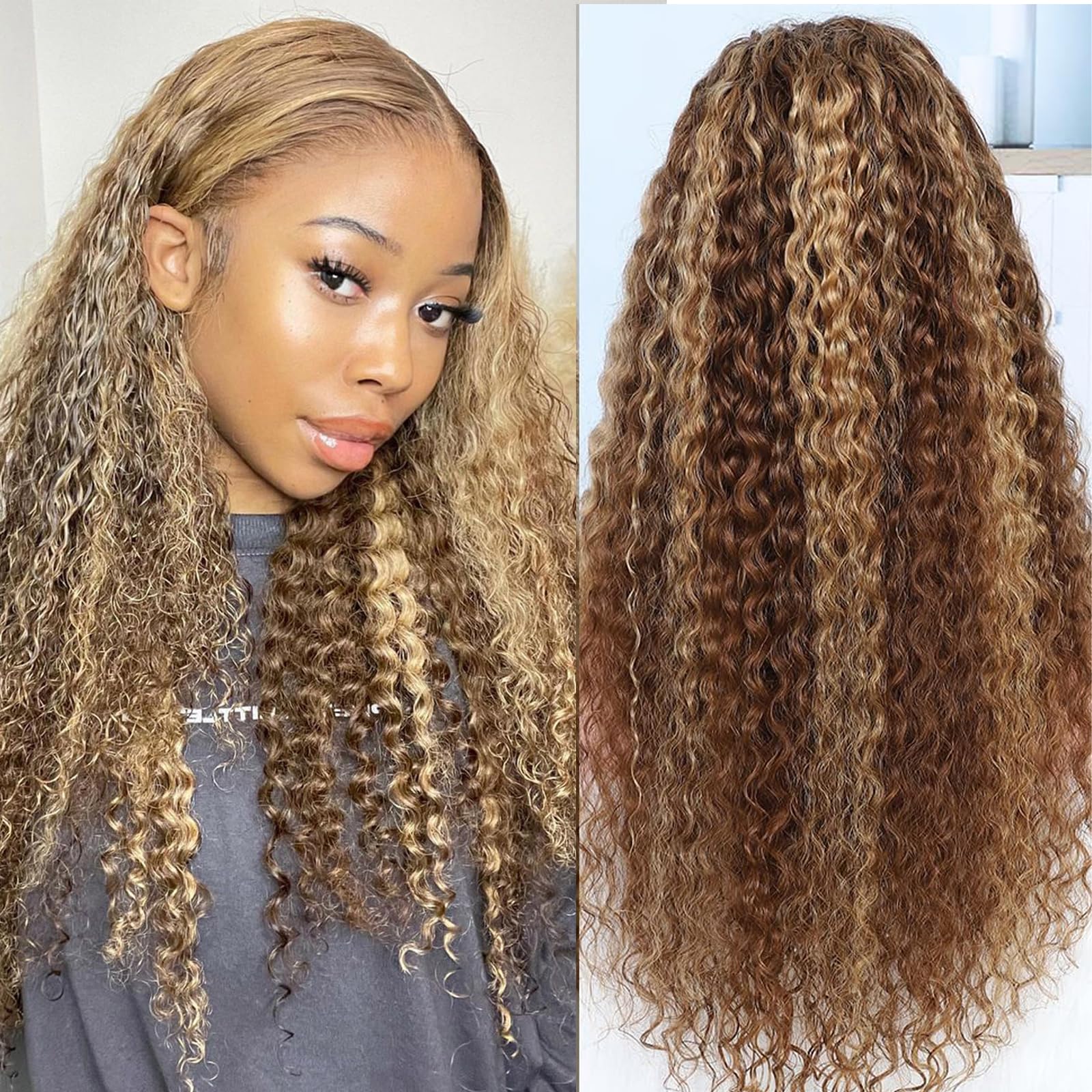 Highlight Ombre 13x6 Lace Front Wigs Human Hair Curly Honey Blonde 4/27 HD Transparent Lace Front Wig for Women 180 Density Deep