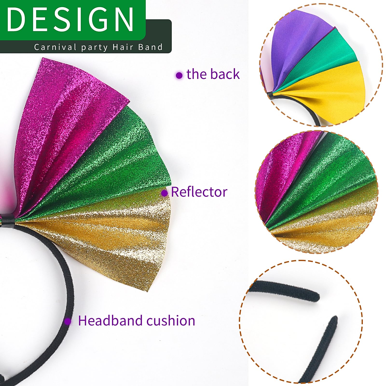 Doneace Mardi Gras Headband Sparkle Purple Green Gold Hairband Fat Tuesday Bow Headdress Design Carnival Hair Accessories for Wo