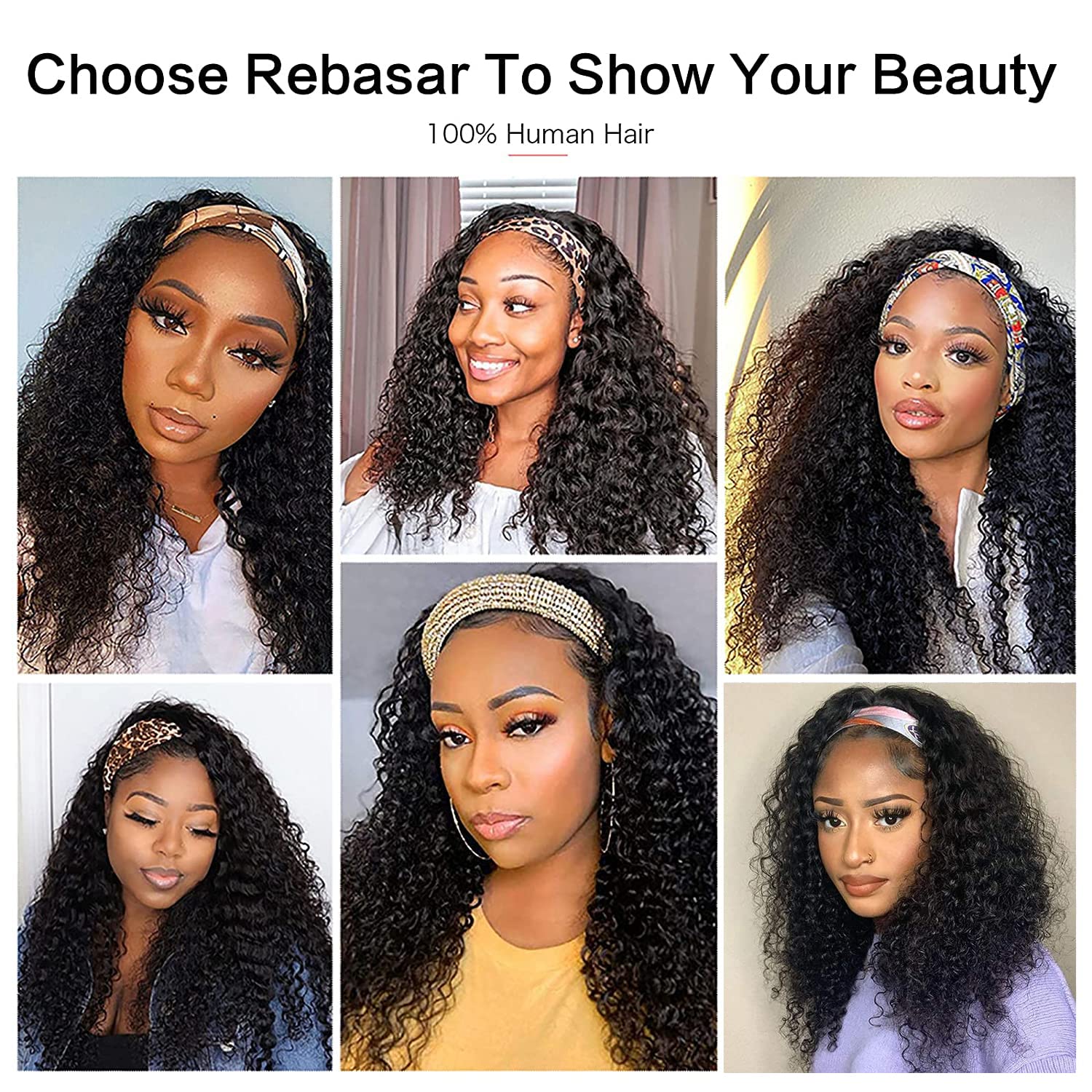 Rebasar Curly Headband Wig Human Hair Wigs for Black Women Human Hair 22 Inch Long No Lace Front Wigs Human Hair Glueless Deep W