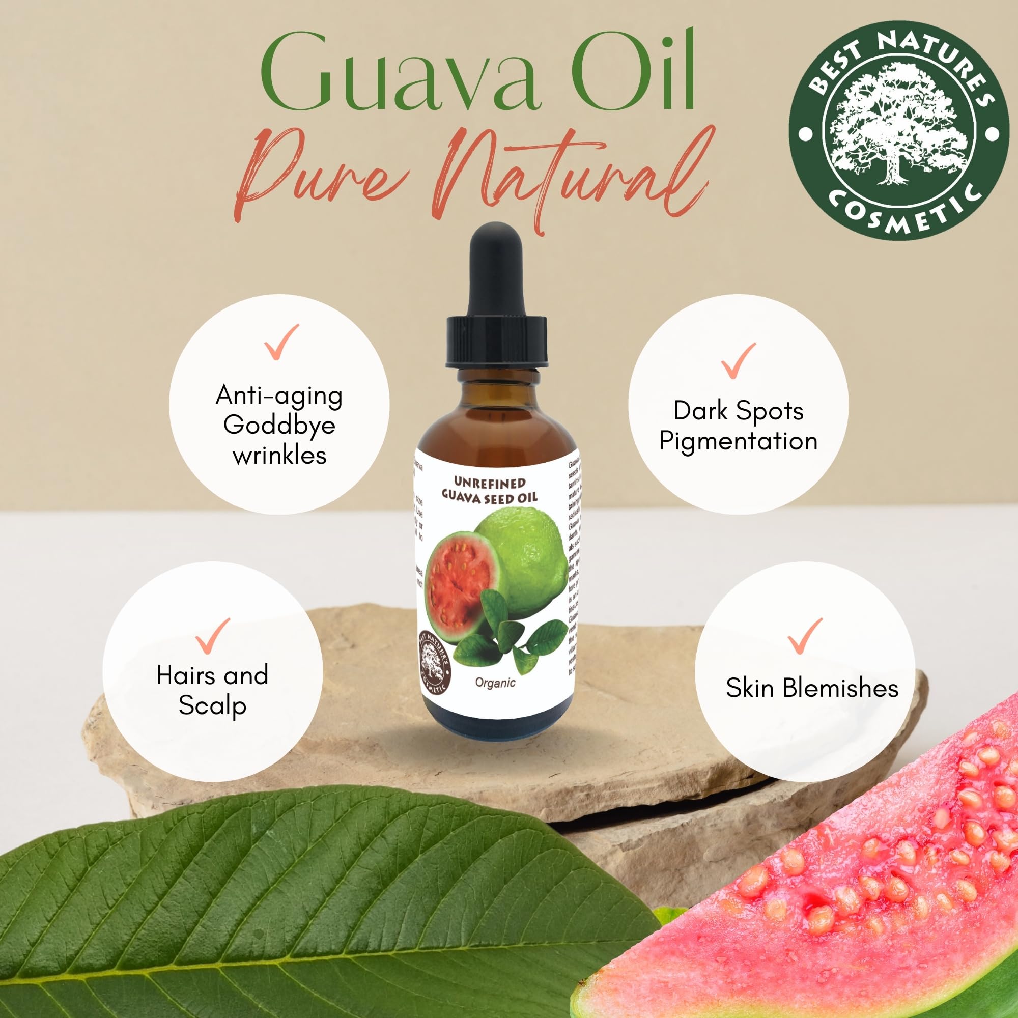 Organic Guava Seed Oil cold pressed for Skin & Hair - Vitamin C Rich, Antioxidant-Rich Hydrating Oil for Glowing Skin & Frizz-Fr