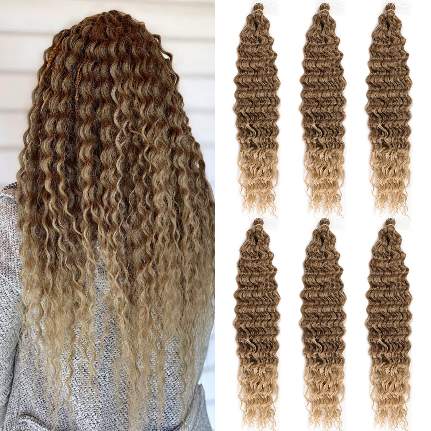 Ocean Wave Crochet Hair Extensions, Curly Braiding Crochet Hair, Soft Synthetic Crochet Hair Extensions 22inch 6Packs #T8/24 Bro