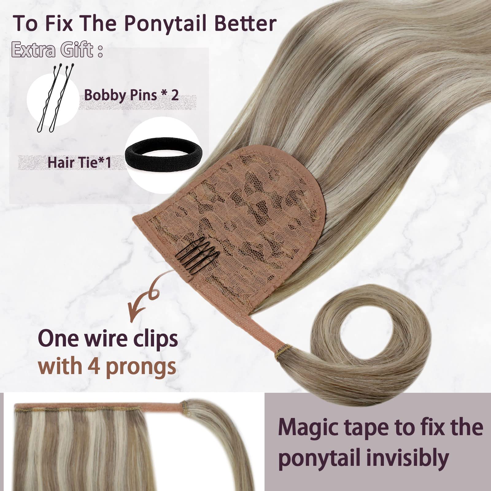 Runature Blonde Real Hair Ponytail Extensions 20 Inch 80G Long Ponytail Hair Extensions Human Hair With Clip Ash Brown With Plat