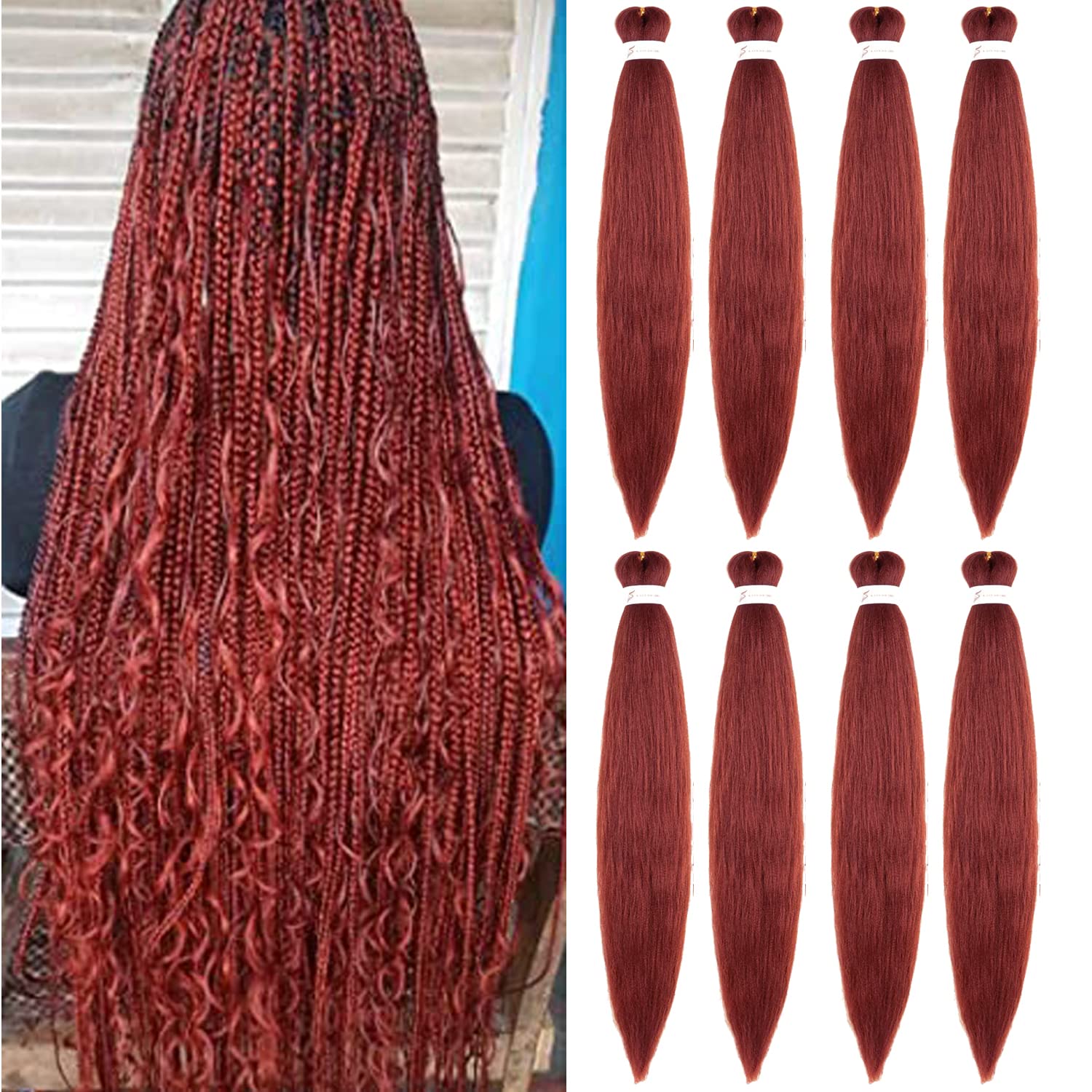 Ginger Braiding Hair Pre Stretched 8 Packs 36 Inch Long 350 Copper Red Braiding Hair Yaki Texture, Hot Water Setting, Easy To In