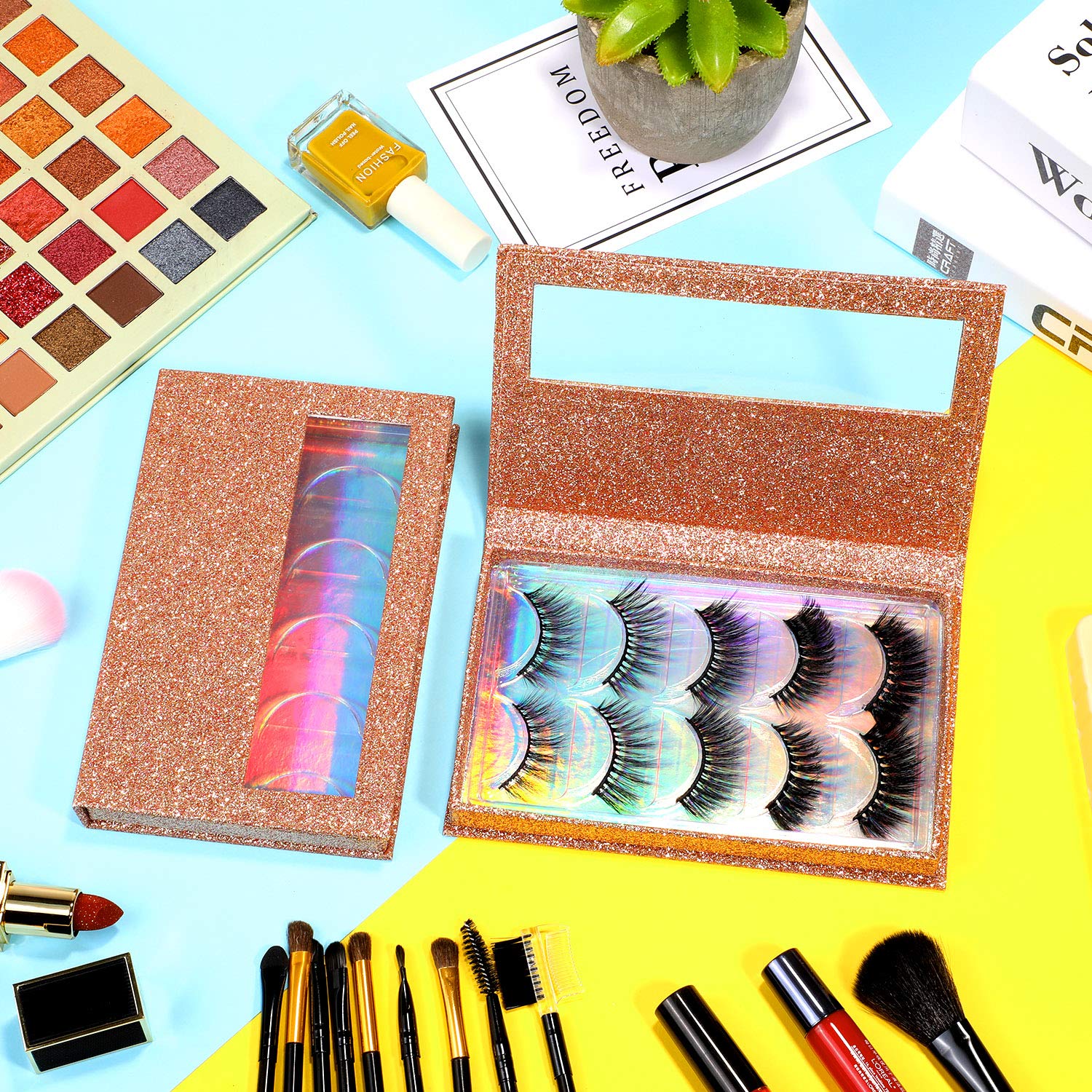 2 Packs 5 Pairs False Eyelash Storage Book Box Empty Glitter False Eyelash Storage Case Lash Storage Container Makeup Display La