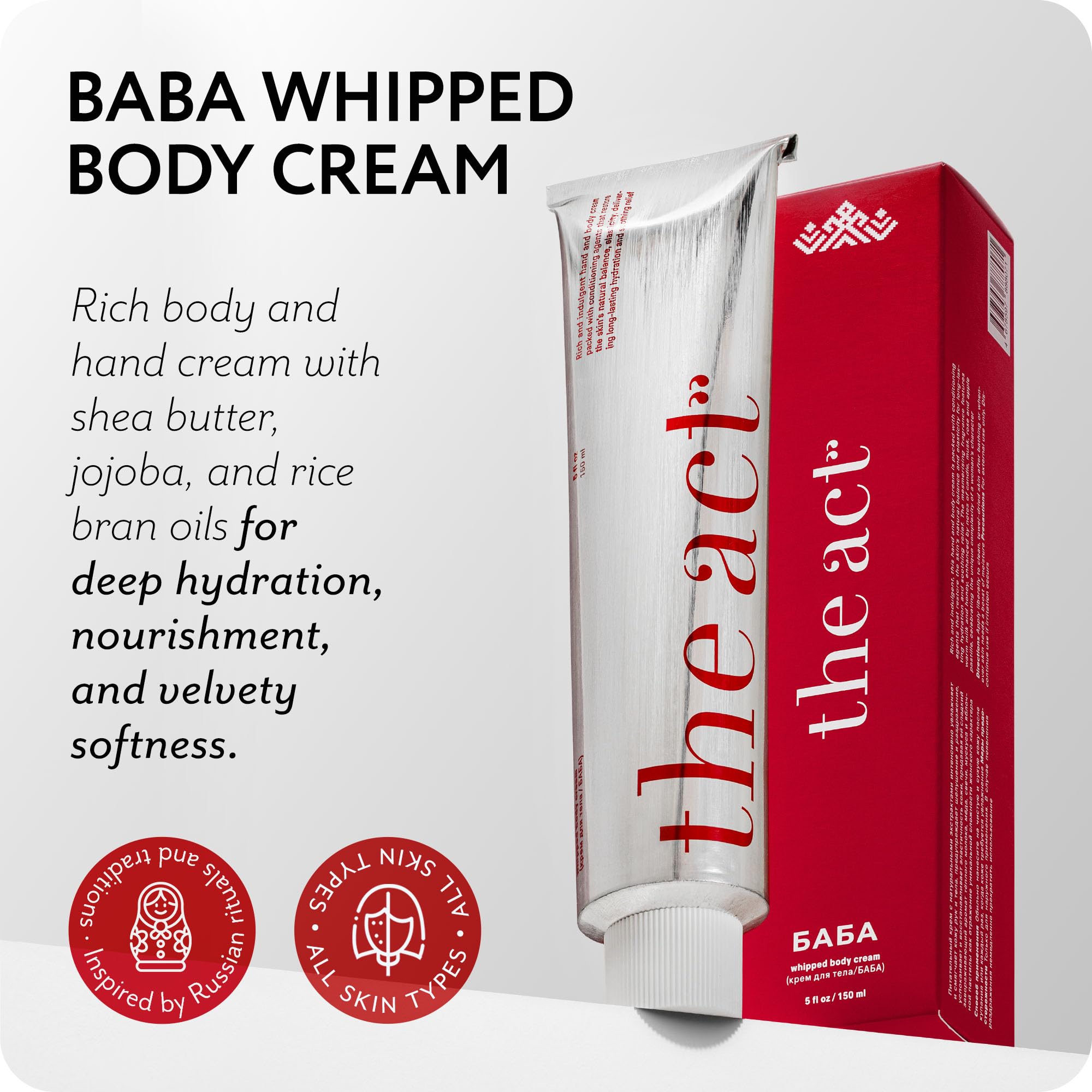 The Act BABA Whipped Body Cream - Deep Moisturizing Natural Shea Butter Hand & Body Lotion for Women & Men, Soothes Dry Skin, No