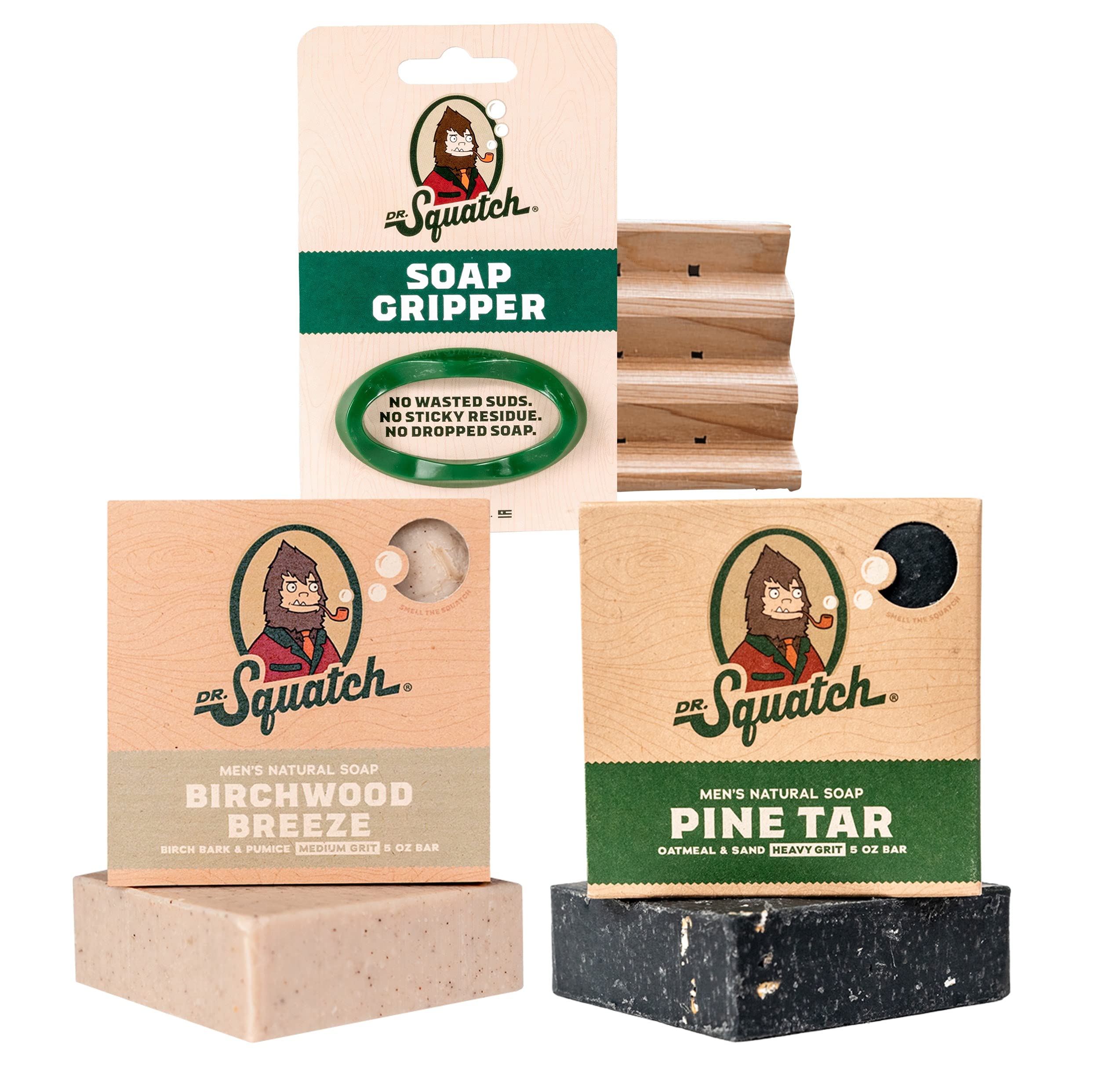 Dr. Squatch Basic Squatch Forest Pack - Pine Tar and Birchwood Breeze - Handmade Bar Soap With Organic Oils, Soap Gripper and Sa