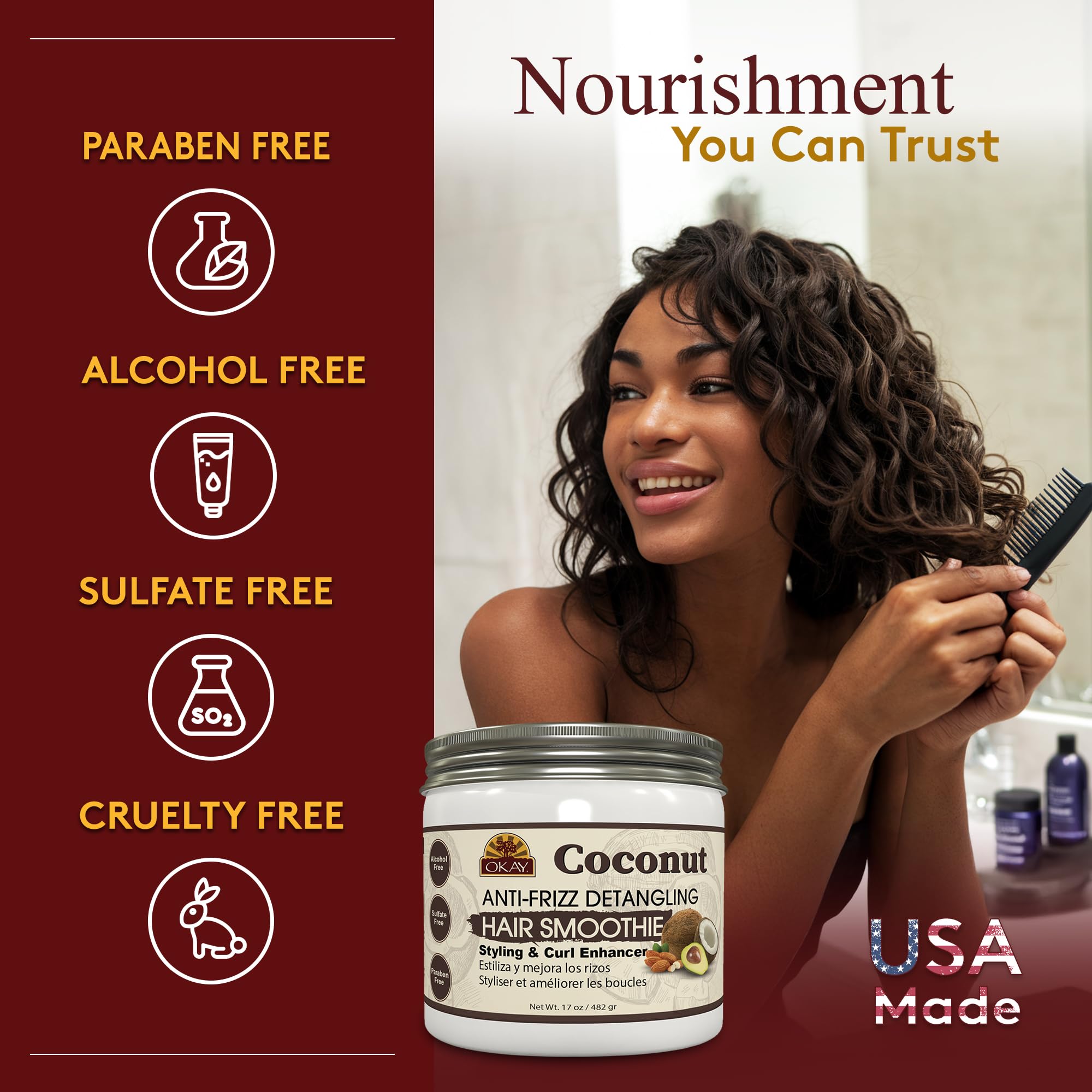 Okay coconut anti frizz detangling hair smoothie 17 ounce, White, 17 Ounce