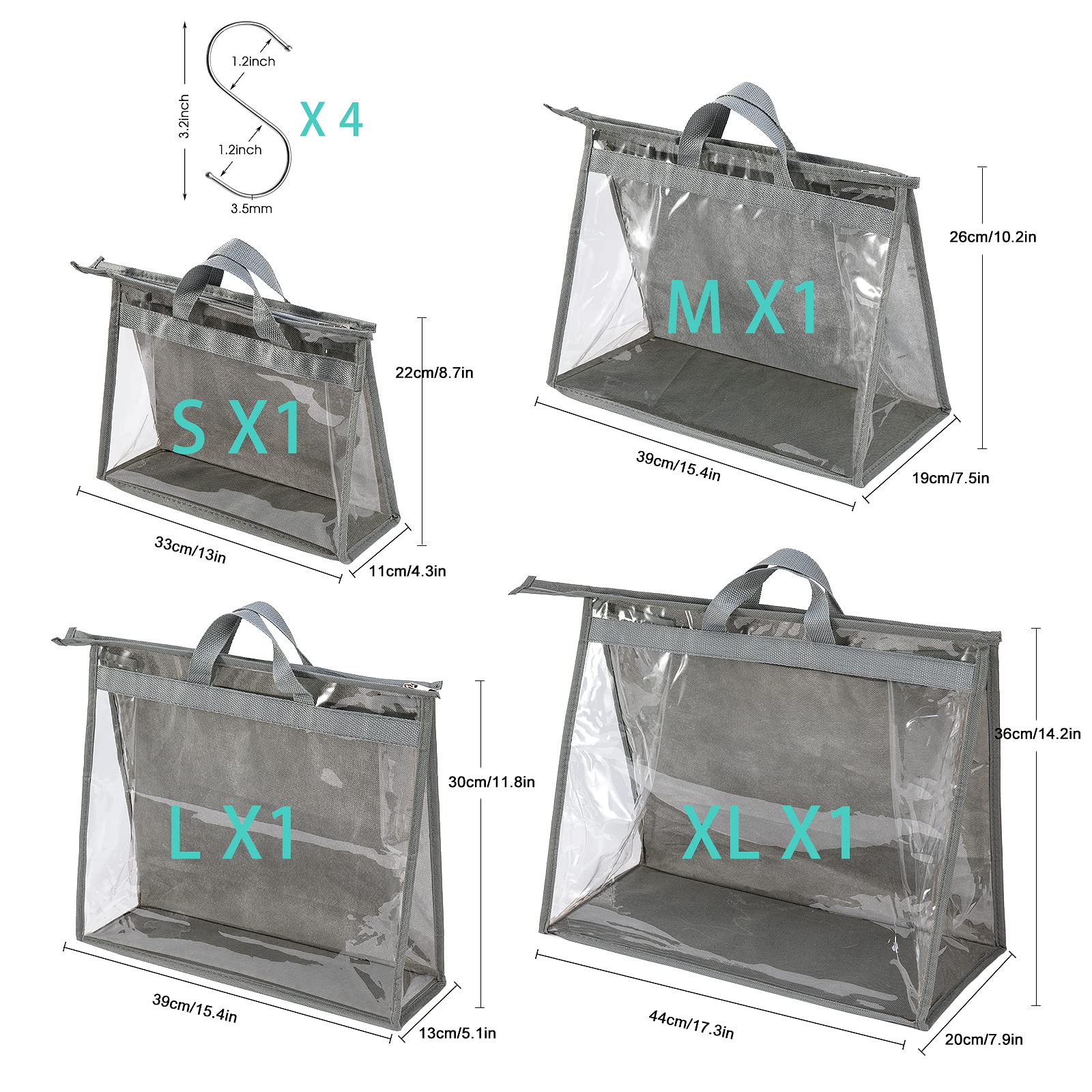 CINPIUK 4 Pack Handbag Dust Bags Clear Purse Storage Organizer for Closet, Zipper Hanging Storage Bag for Handbags, Grey