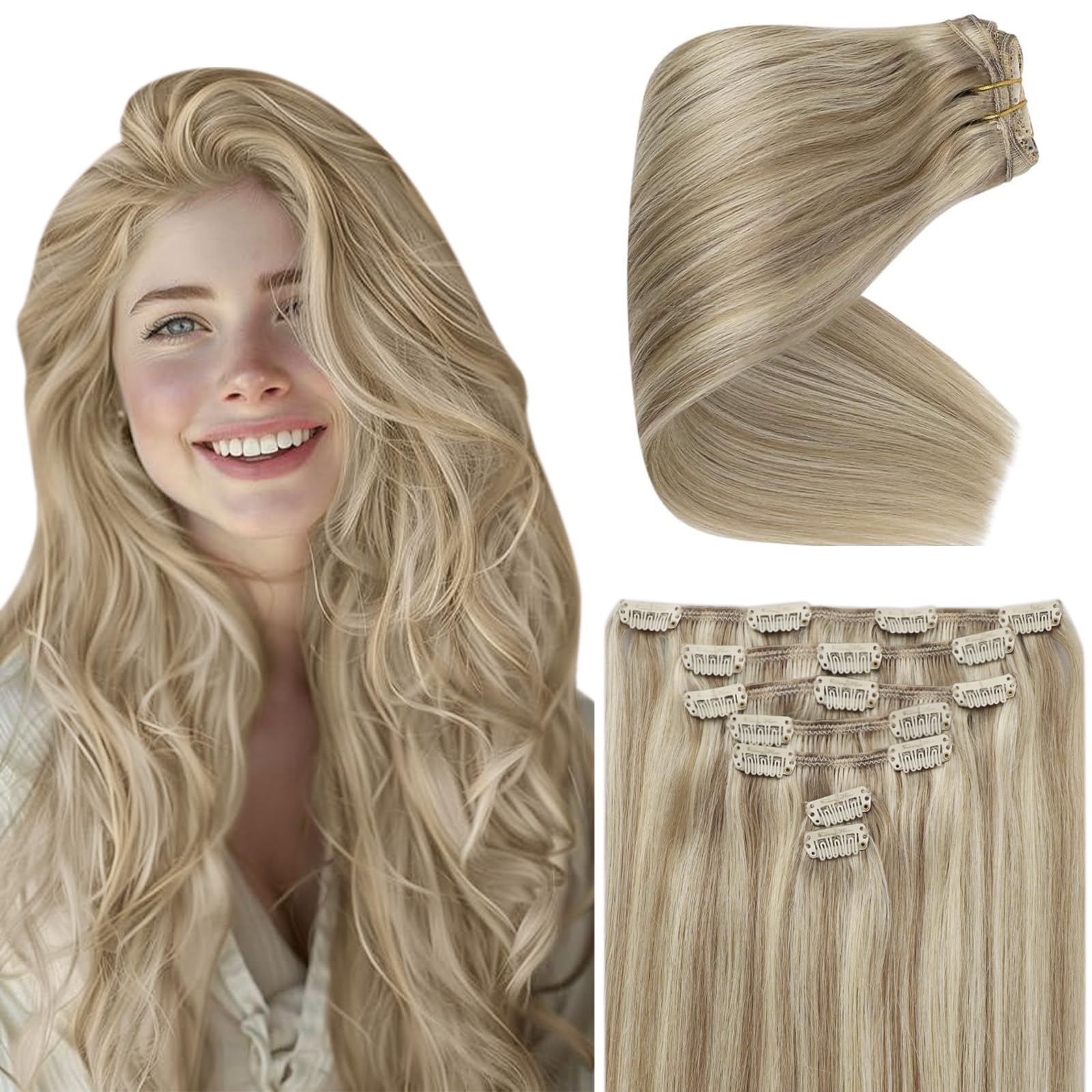 Ve Sunny 14 Inch Clip in Hair Extensions Human Hair Dark Golden Blonde Highlight Medium Blonde Double Weft Full Head Human Hair 