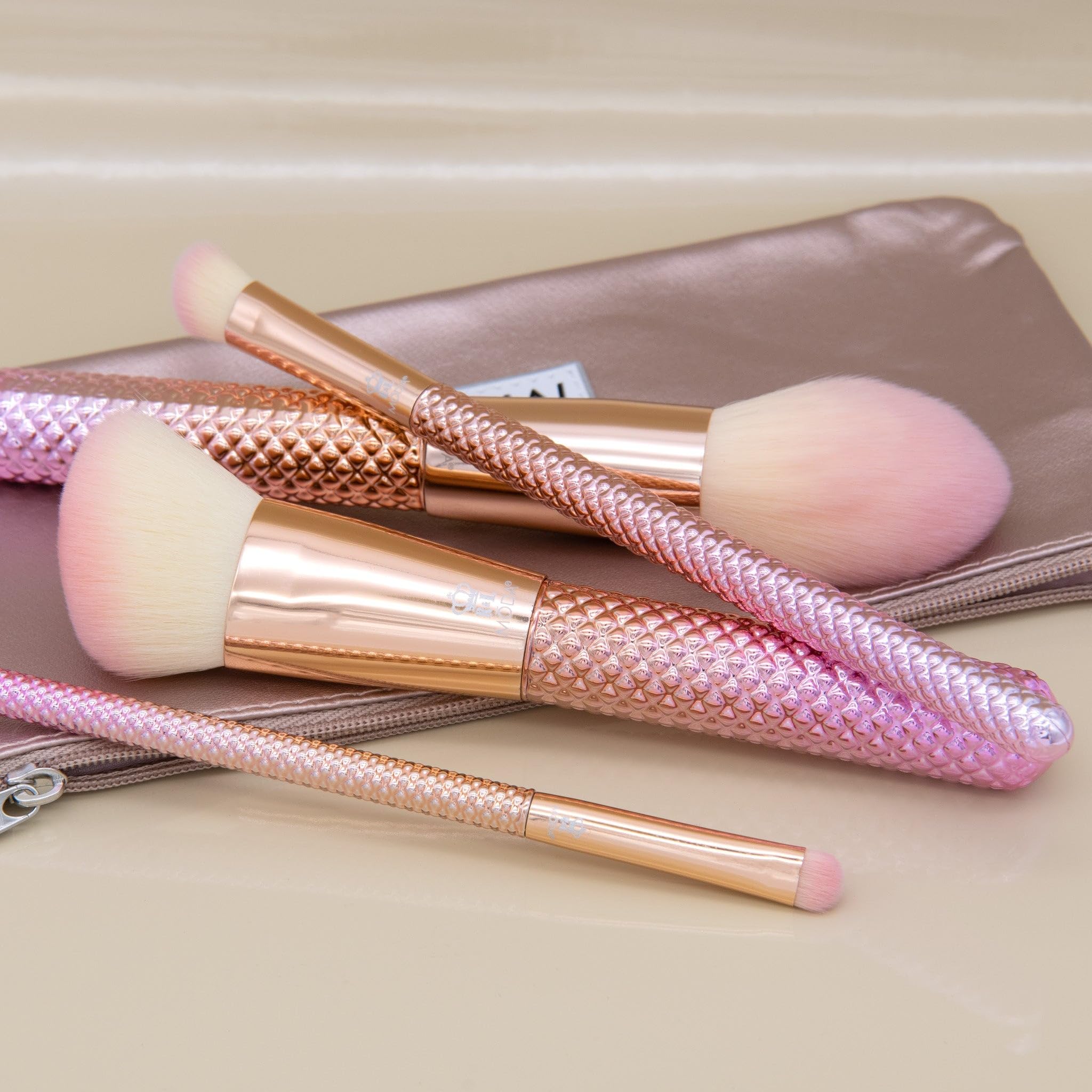 Moda Full Size Metallic Rose Complete Face 5Pc Makeup Brush Set With Pouch, Includes - Round Powder, Angle Kabuki, Angle Shader,