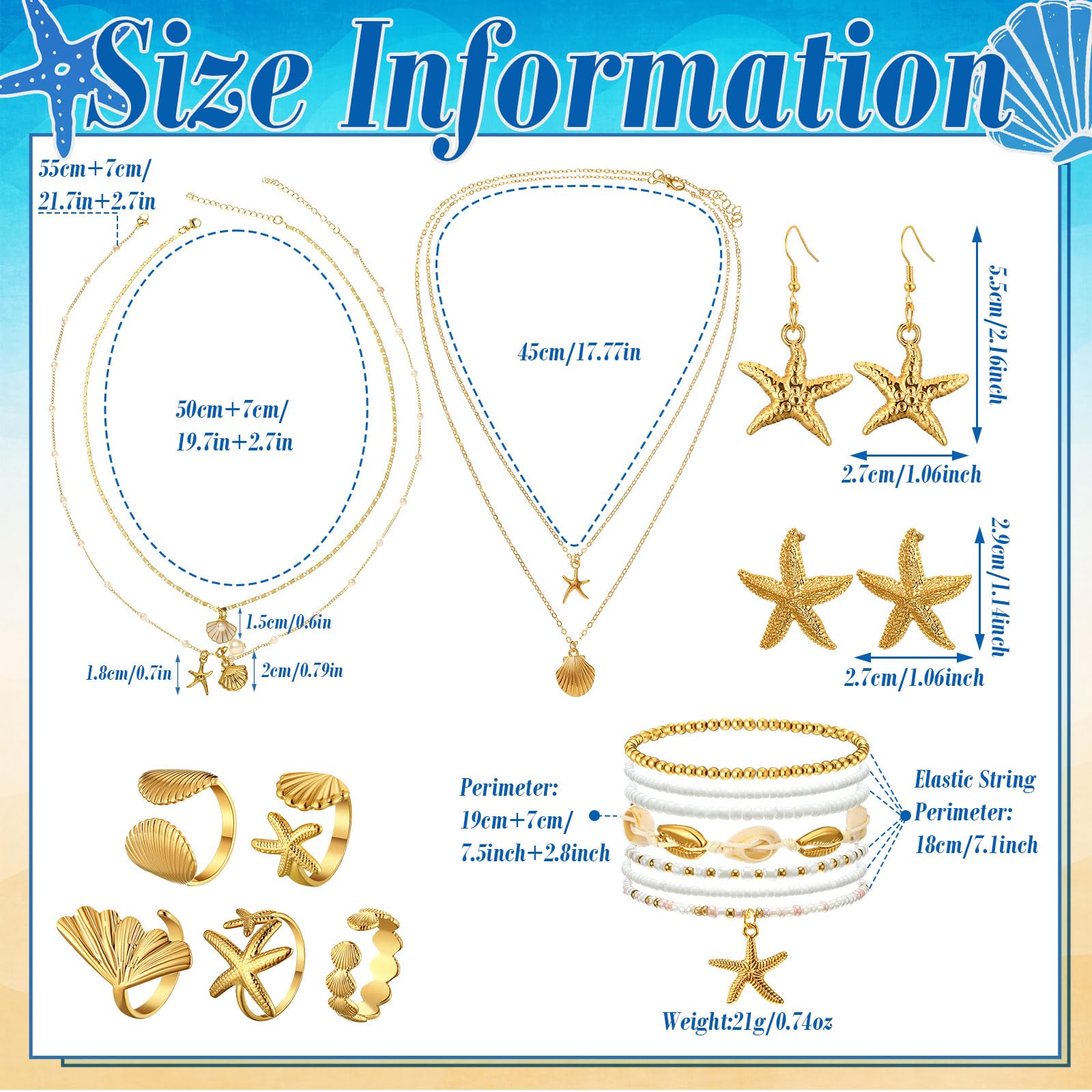 Tondiamo 16 Pcs Seashell Starfish Jewelry Set Seashell Earrings Rings Boho Layer Charm Necklace Beach Bracelets Natural White An