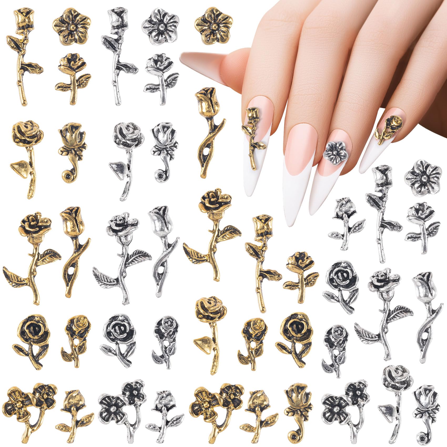 HINZIC 44 PCS Rose Nail Charms 3D Vintage Gold Flower for Nails Retro Metal Silver Nail Jewels Nail Studs for Acrylic Nails Deco