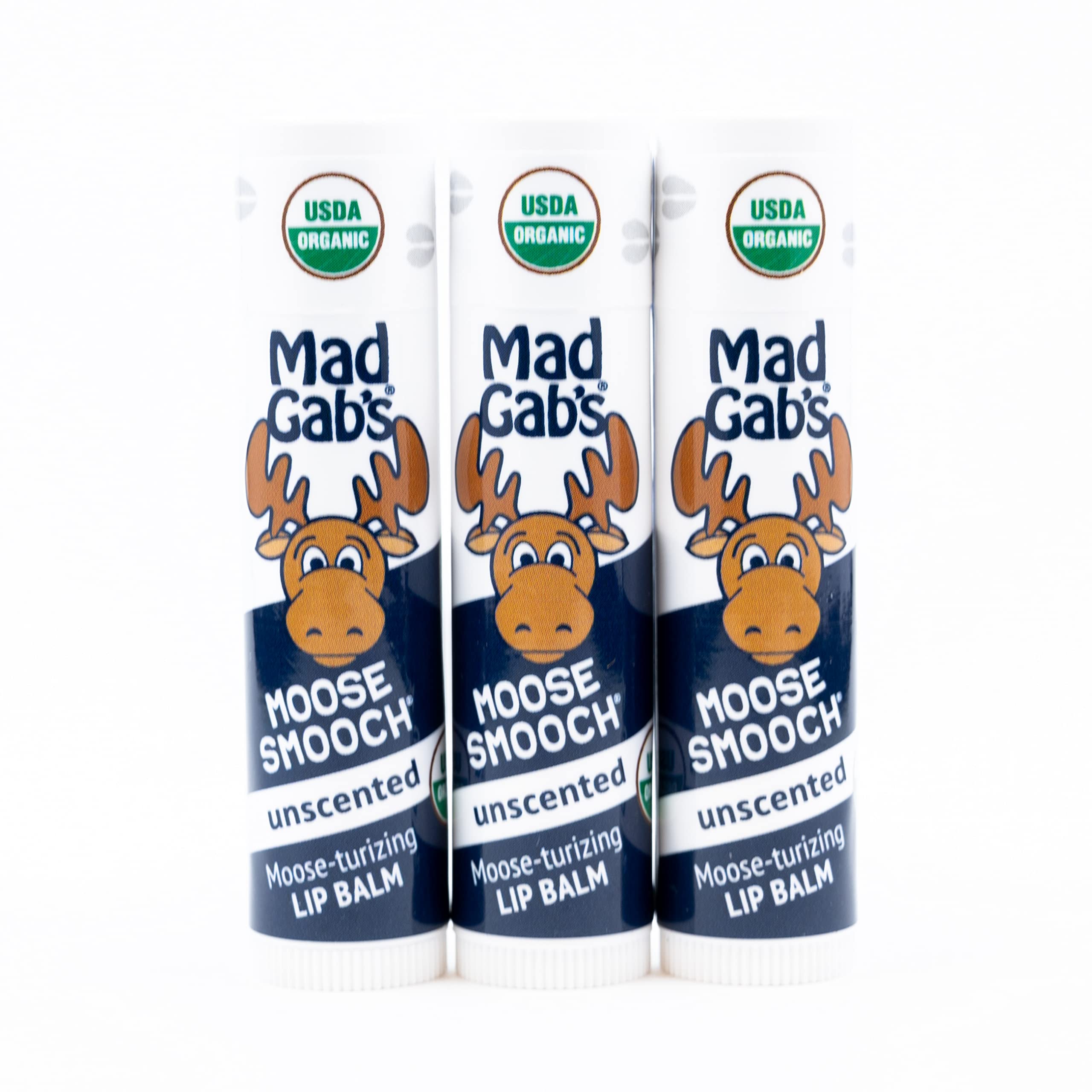 Mad Gab's Moose Smooch Lip Balm 3pk | Unscented, Moisturizing, Certified Organic with Olive Oil & Beeswax