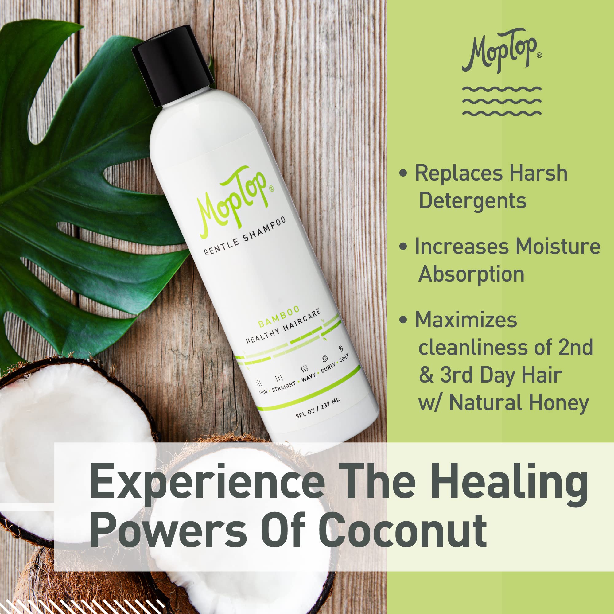 MopTop Gentle Shampoo, Natural Hair Moisturizer, Reduces Frizz, Color Safe Volumizing Shampoo - For All Hair Types, Straight, Cu