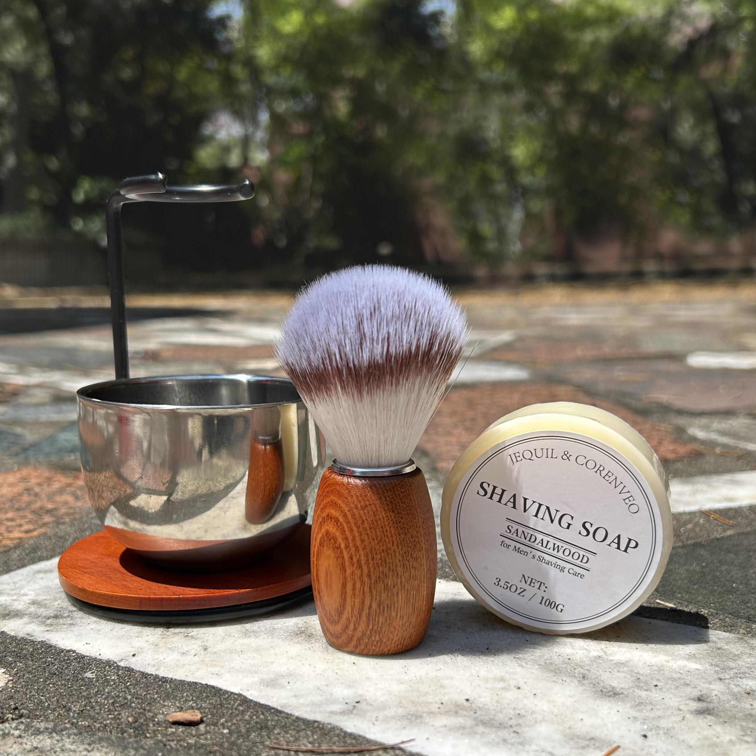 Shaving Brush Set For Men, 4Pcs Wooden Handle Shaving Brush With Shaving Soap, Stand And Steel Bowl